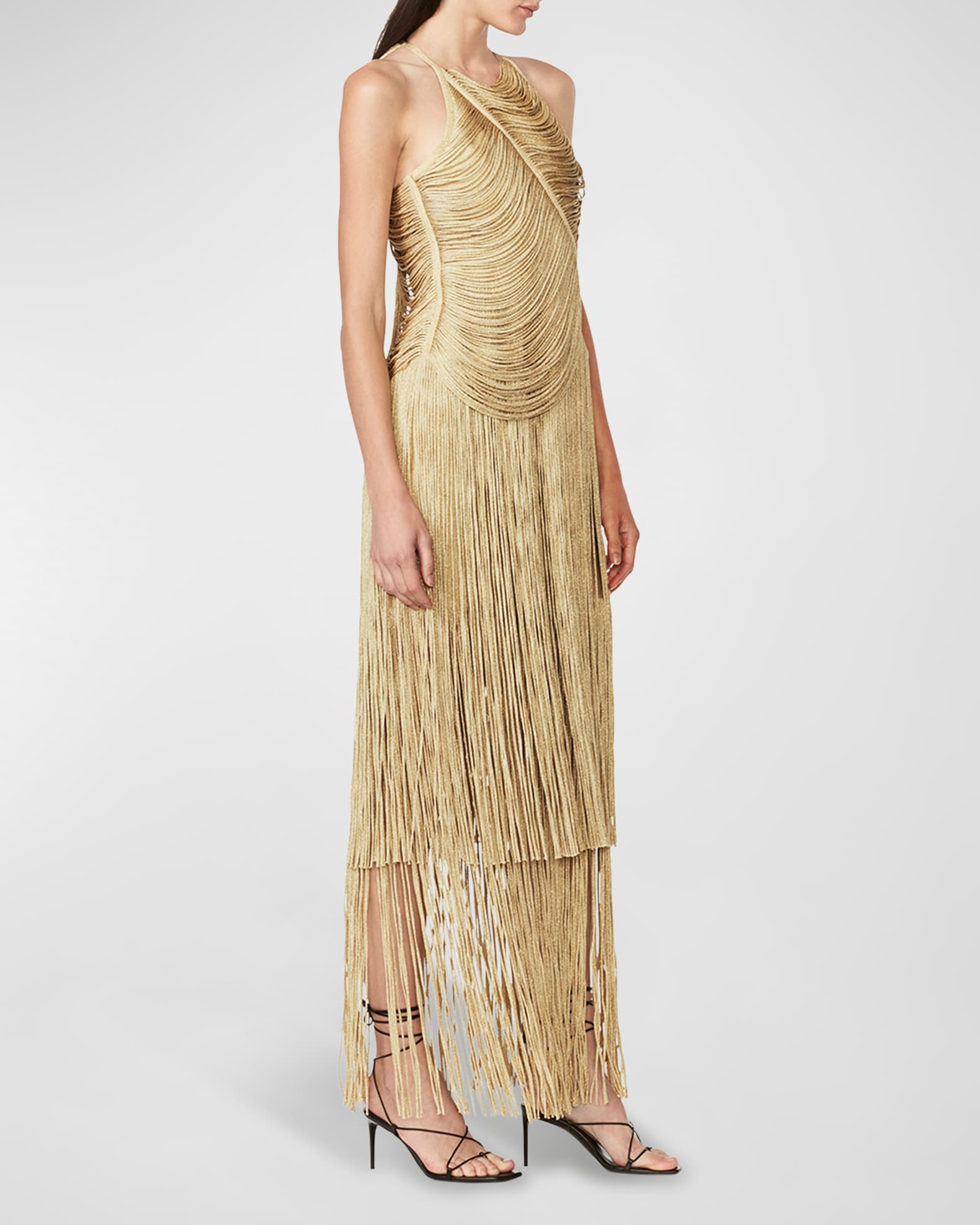 Herve Leger Recycled Metallic Fringe Draped Gown | Neiman Marcus
