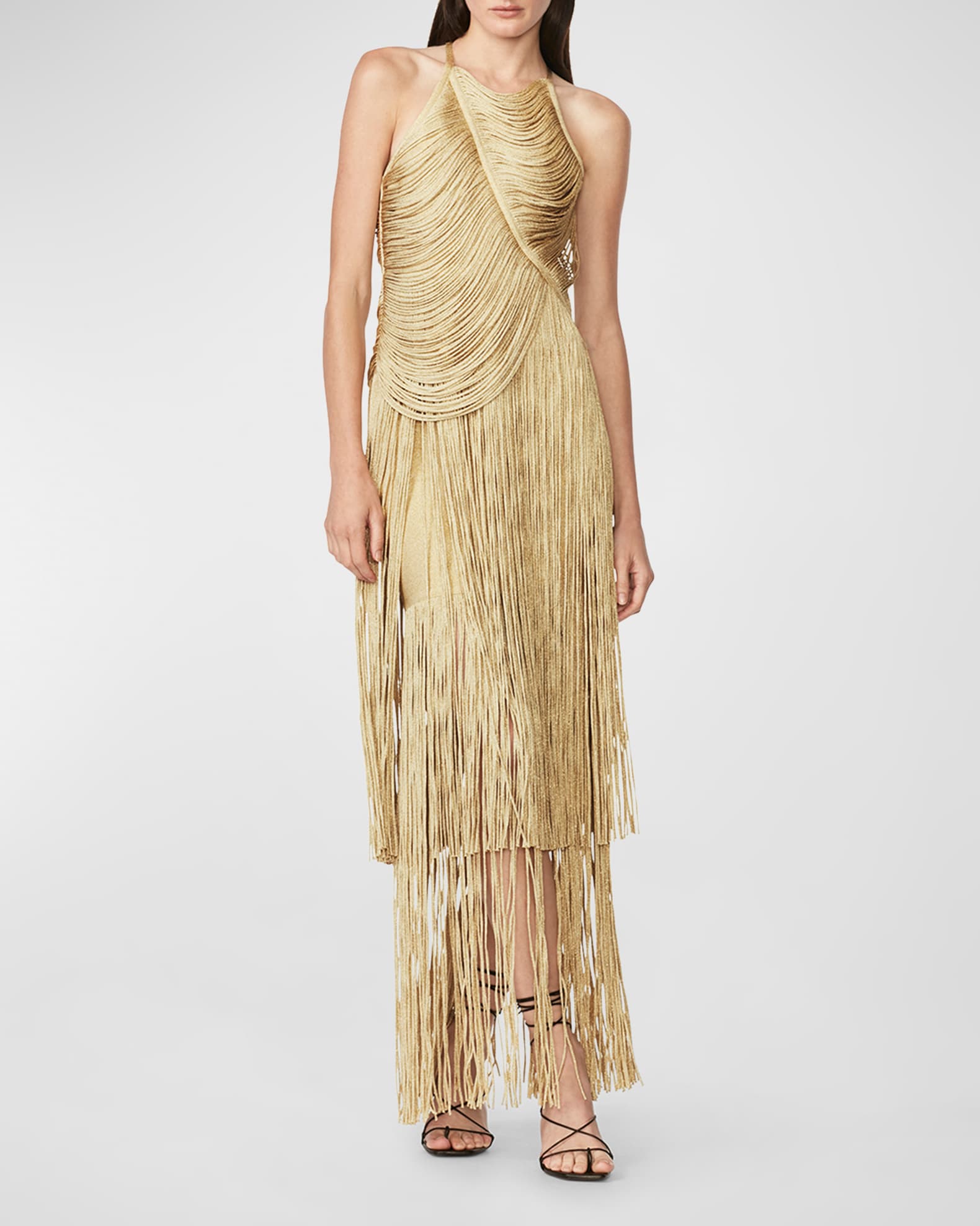 Herve Leger Recycled Metallic Fringe Draped Gown | Neiman Marcus