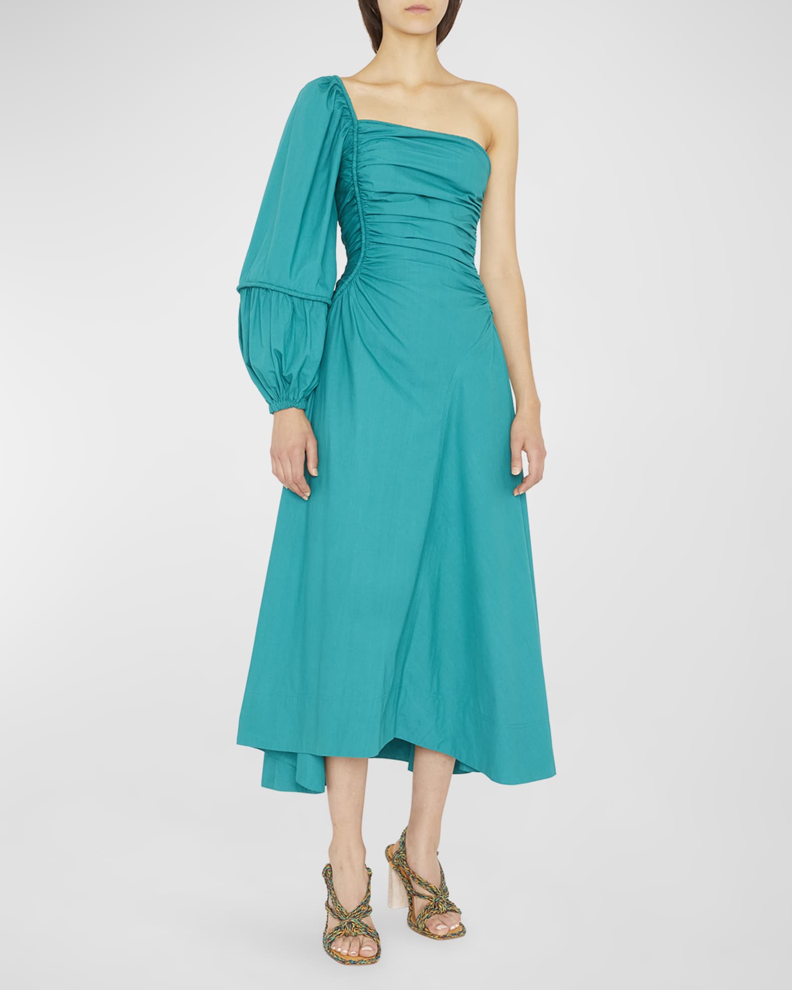 Ulla Johnson Fiorella One-Shoulder Pintuck Midi Dress | Neiman Marcus