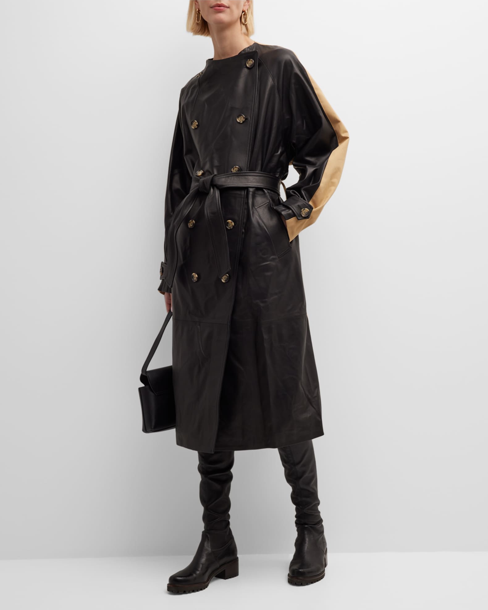 HALFBOY Bicolor Faux Leather Trench Coat with Belted Waist Neiman Marcus