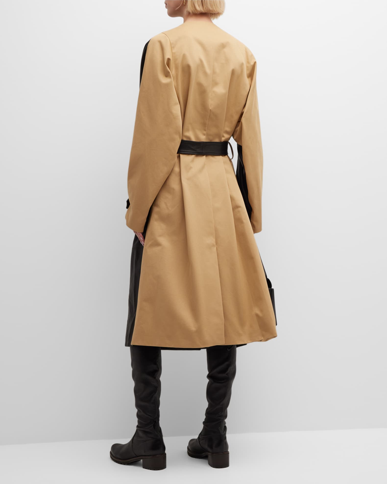 HALFBOY Bicolor Faux Leather Trench Coat with Belted Waist | Neiman Marcus