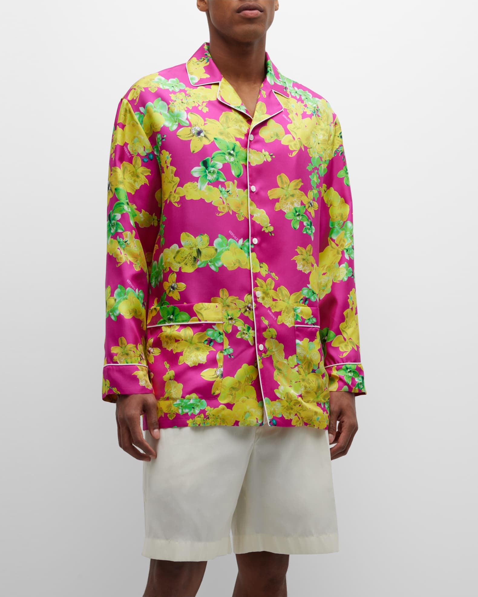 Versace Men's Bright Orchid Silk Pajama Shirt