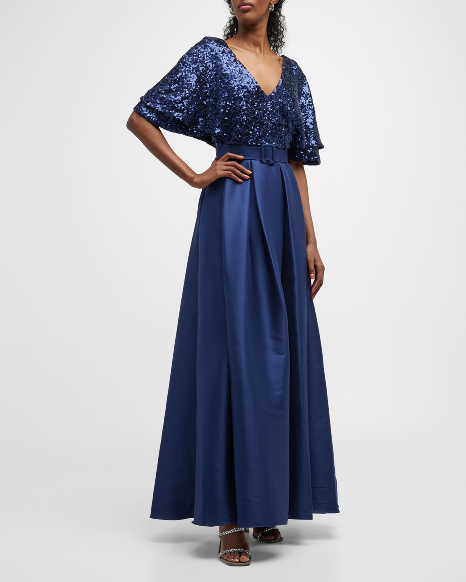 Badgley Mischka Collection Flutter-Sleeve Pleated Sequin Gown | Neiman ...
