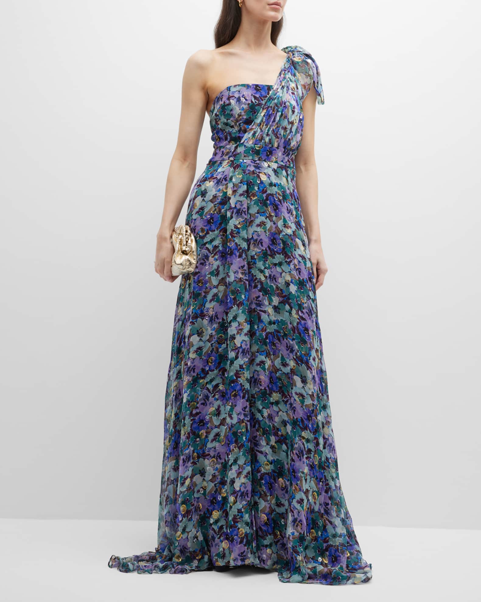 Shoshanna Draped One-Shoulder Floral-Print Gown | Neiman Marcus