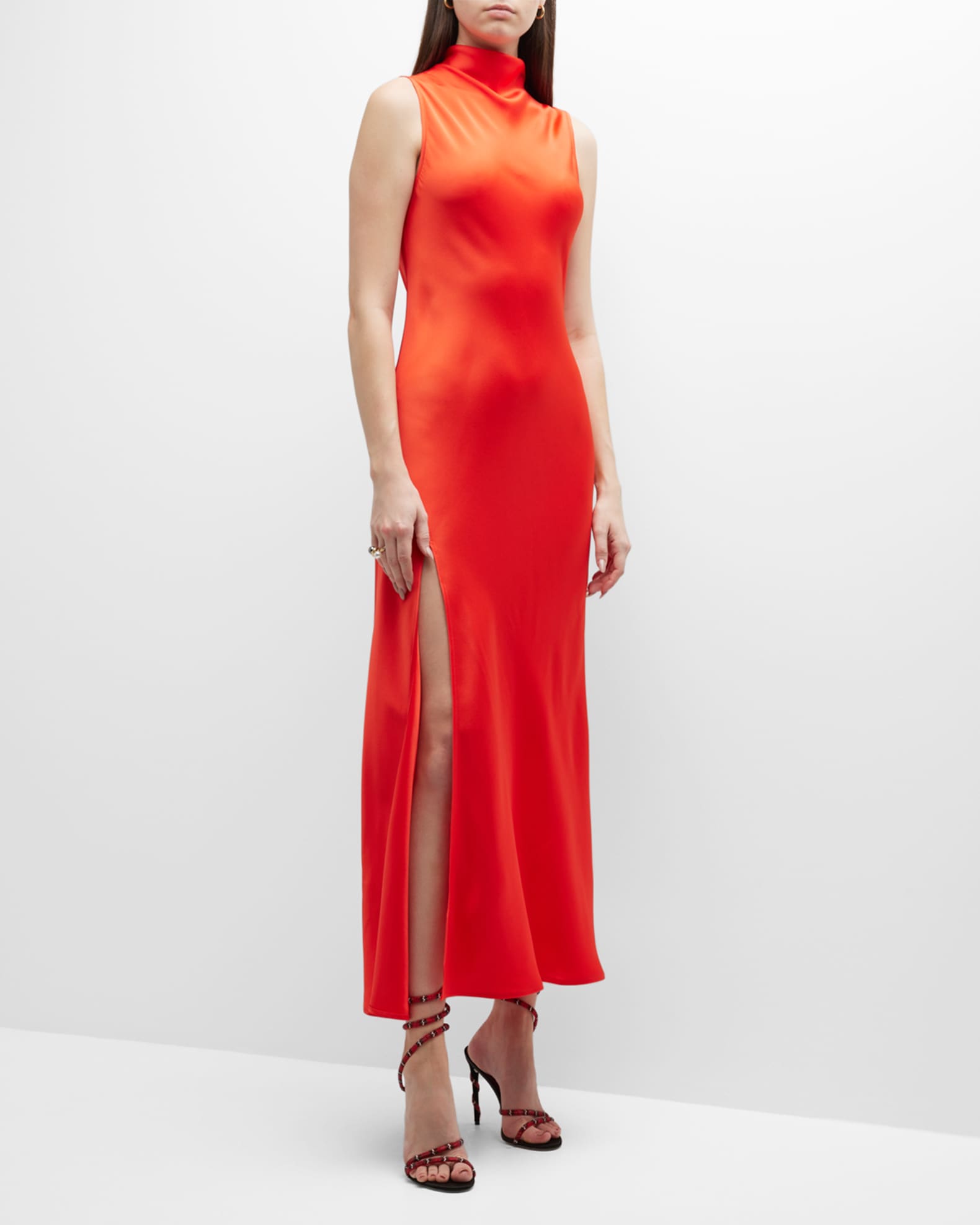 inostorâ„?Satin Asymmetric One Shoulder Drape Slit Maxi Dress