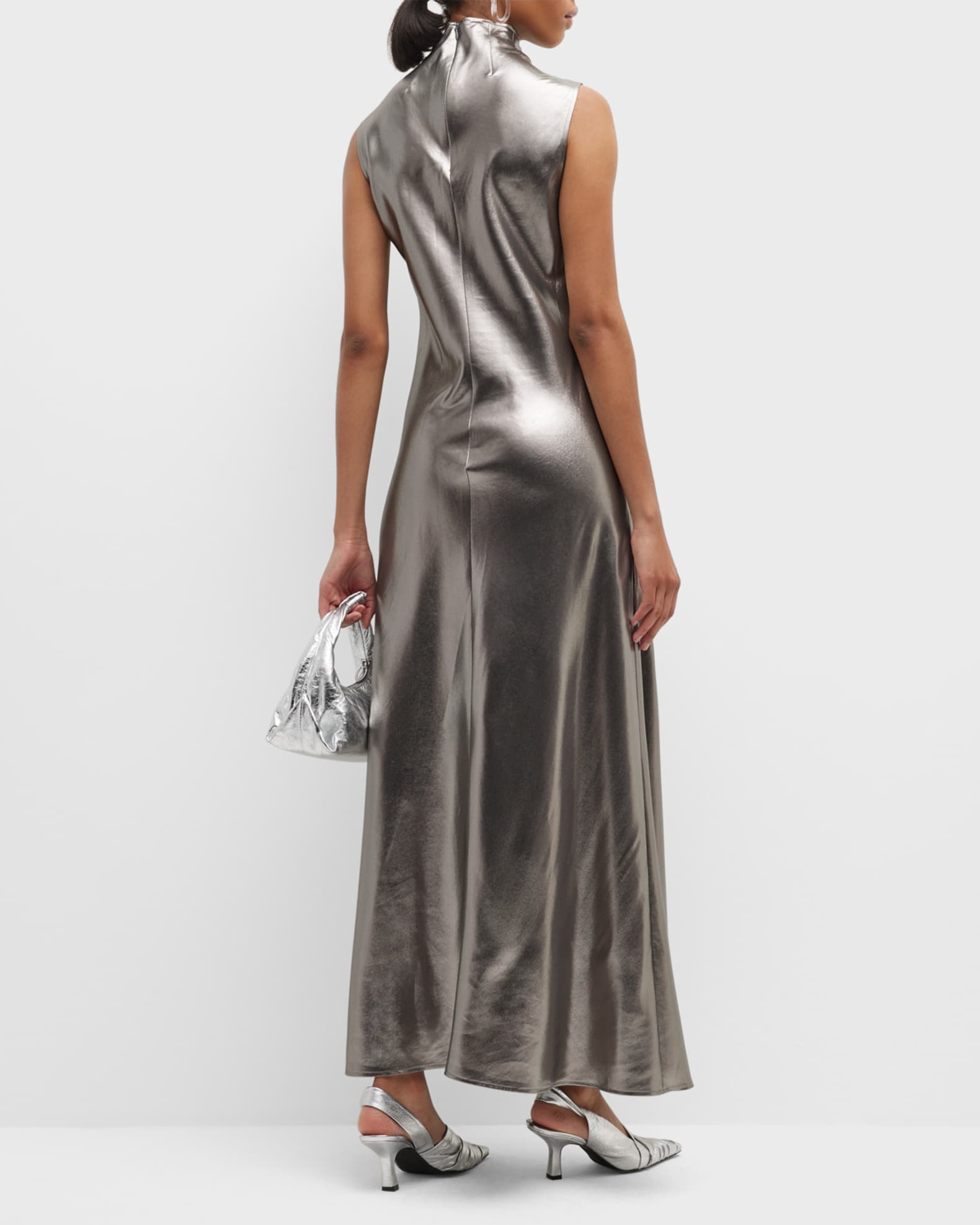 LAPOINTE Turtleneck Thigh-Slit Metallic Silk Maxi Dress | Neiman Marcus