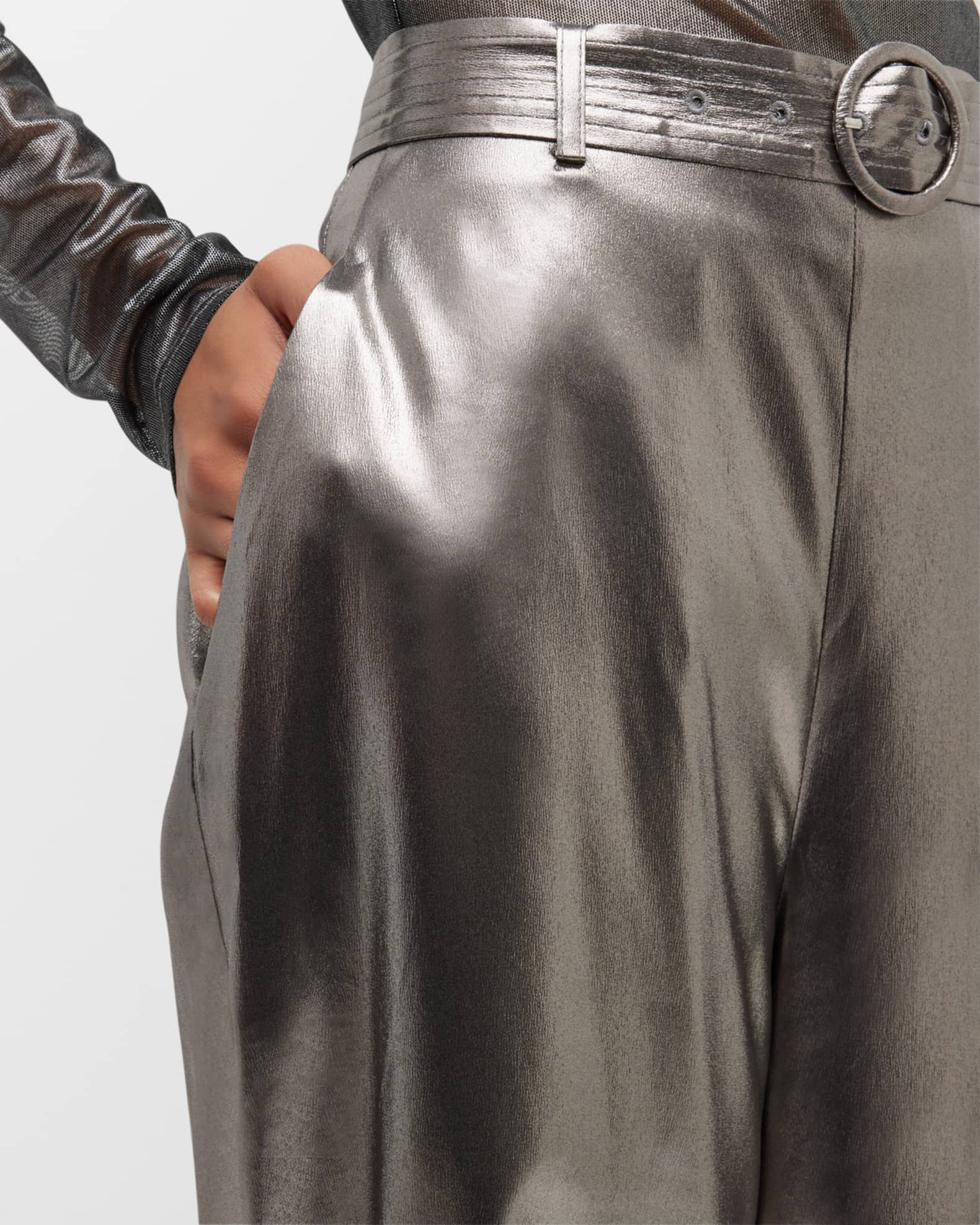 LAPOINTE Belted Metallic Silk Wide-Leg Trousers | Neiman Marcus