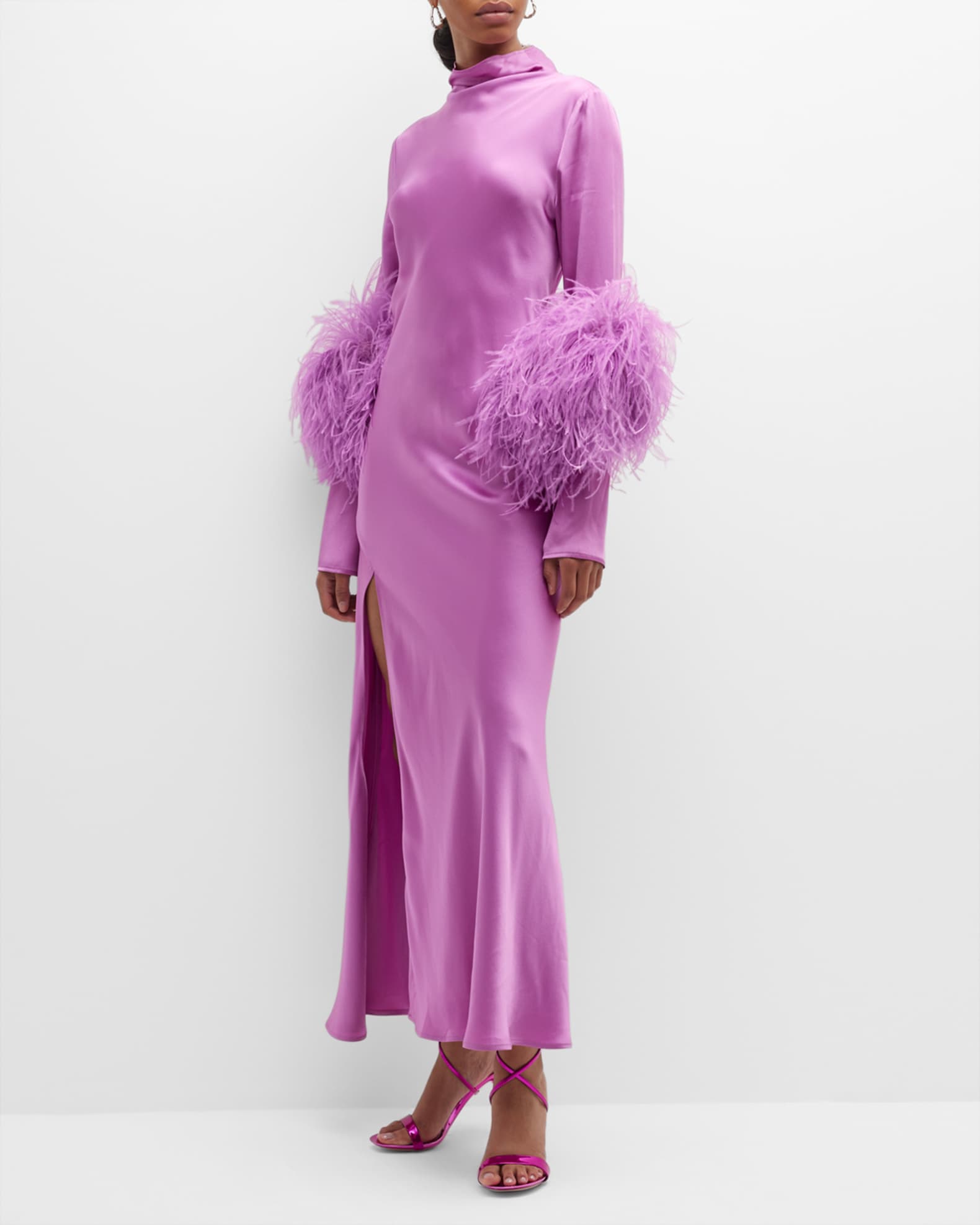 LAPOINTE Ostrich Feather Trim Long Sleeve Double Face Maxi Dress