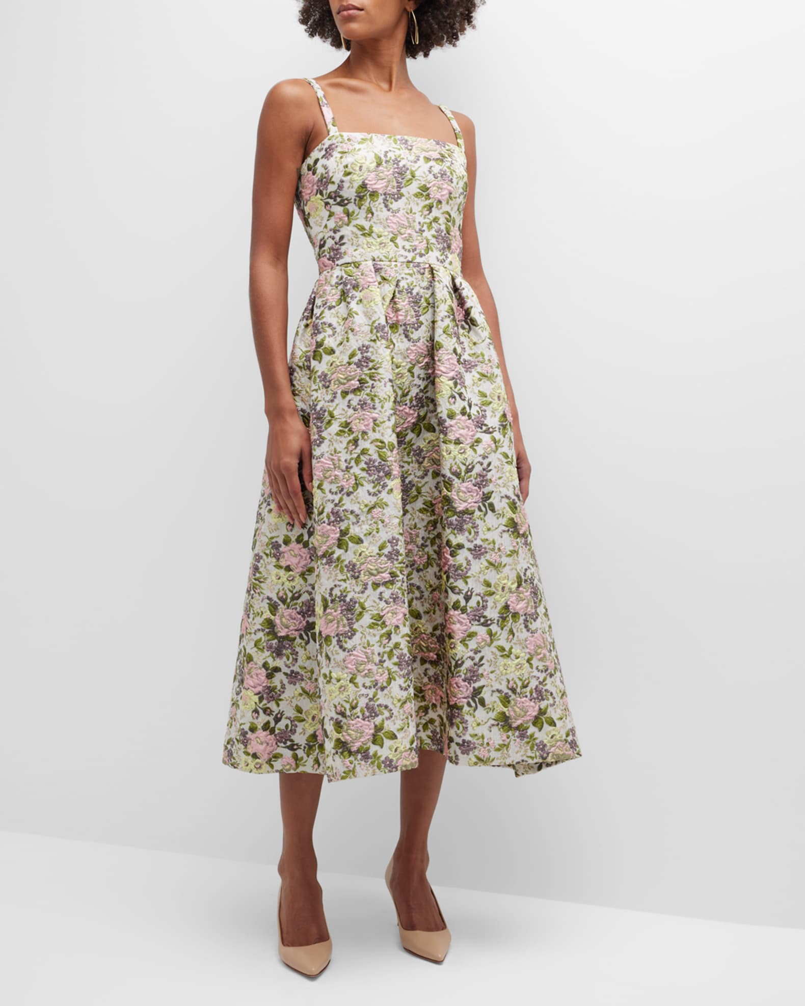Monique Lhuillier Straight Bodice Floral Midi Dress | Neiman Marcus