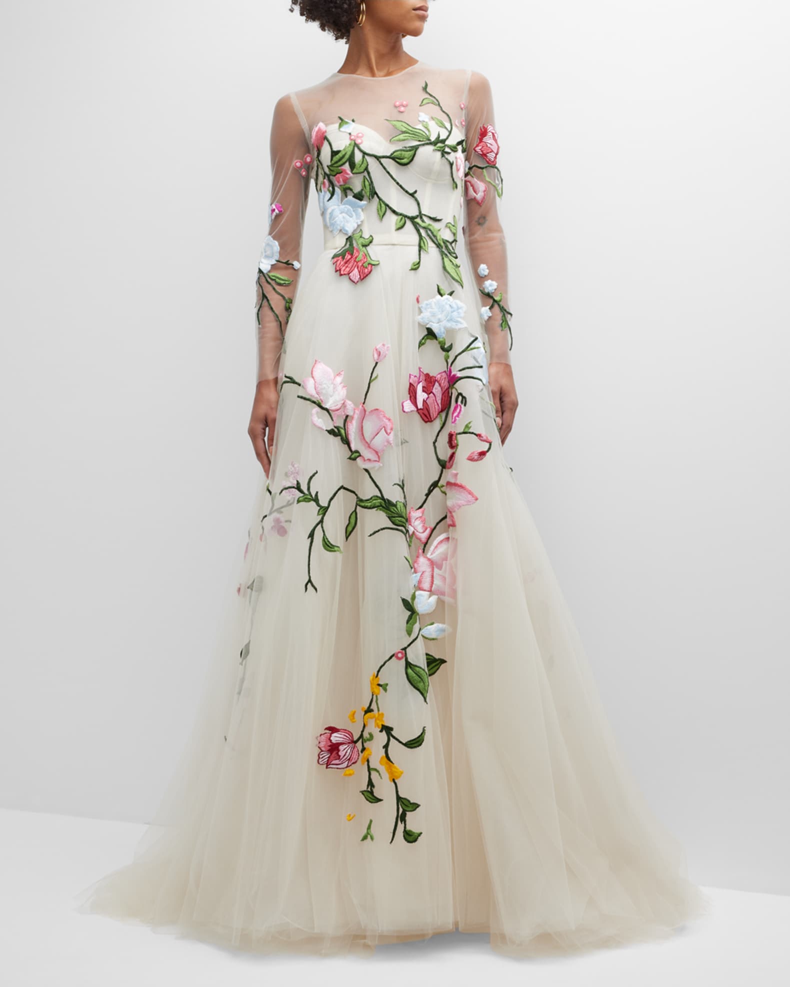Monique Lhuillier Corset Gown w/ Embroidered Floral Detail | Neiman Marcus