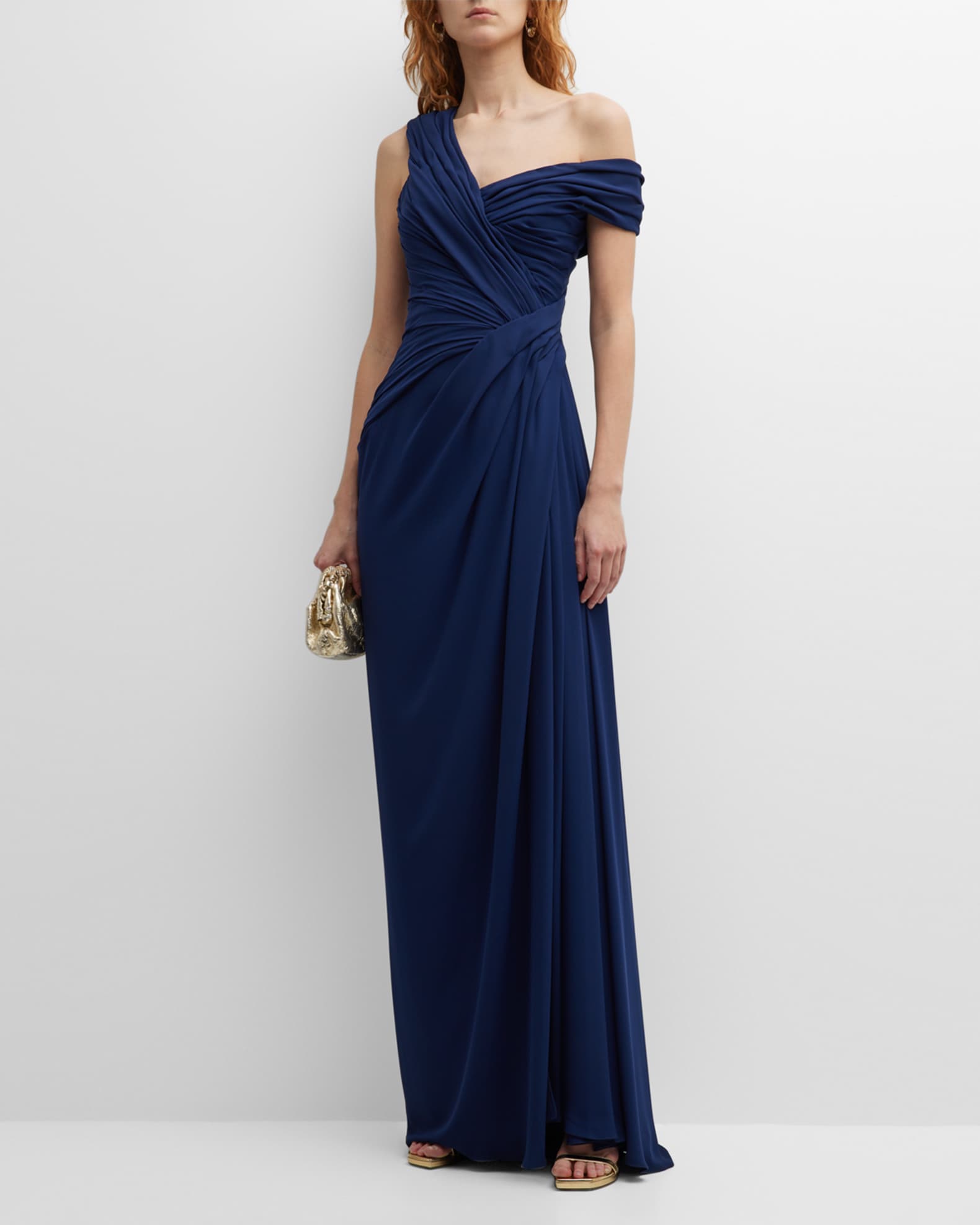 Off-the-Shoulder Pleated Gown with Surplice Bodice Orchid