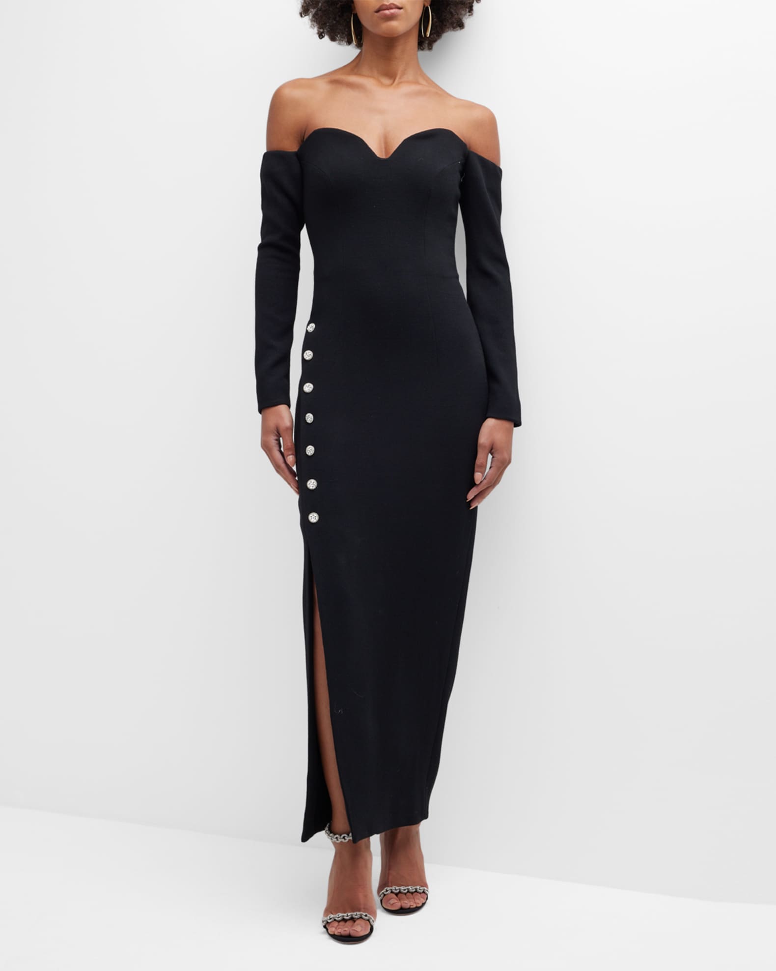 Off-Shoulder Gown w Rhinestone Detail Buttons  0