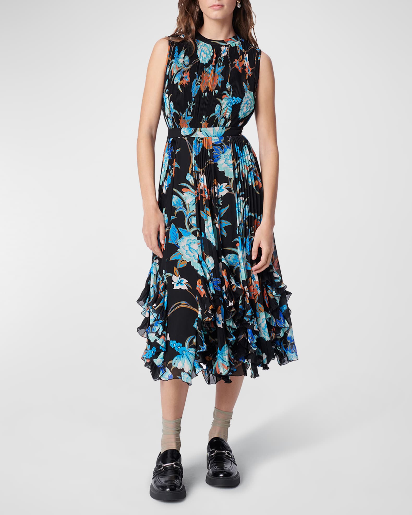 Diane von Furstenberg Darien Pleated Floral-Print Midi Dress | Neiman Marcus