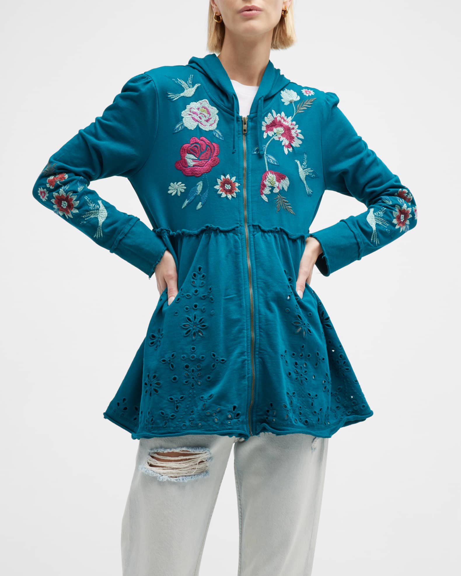 Johnny Was Junia Embroidered Tiered ZipFront Hoodie Neiman Marcus