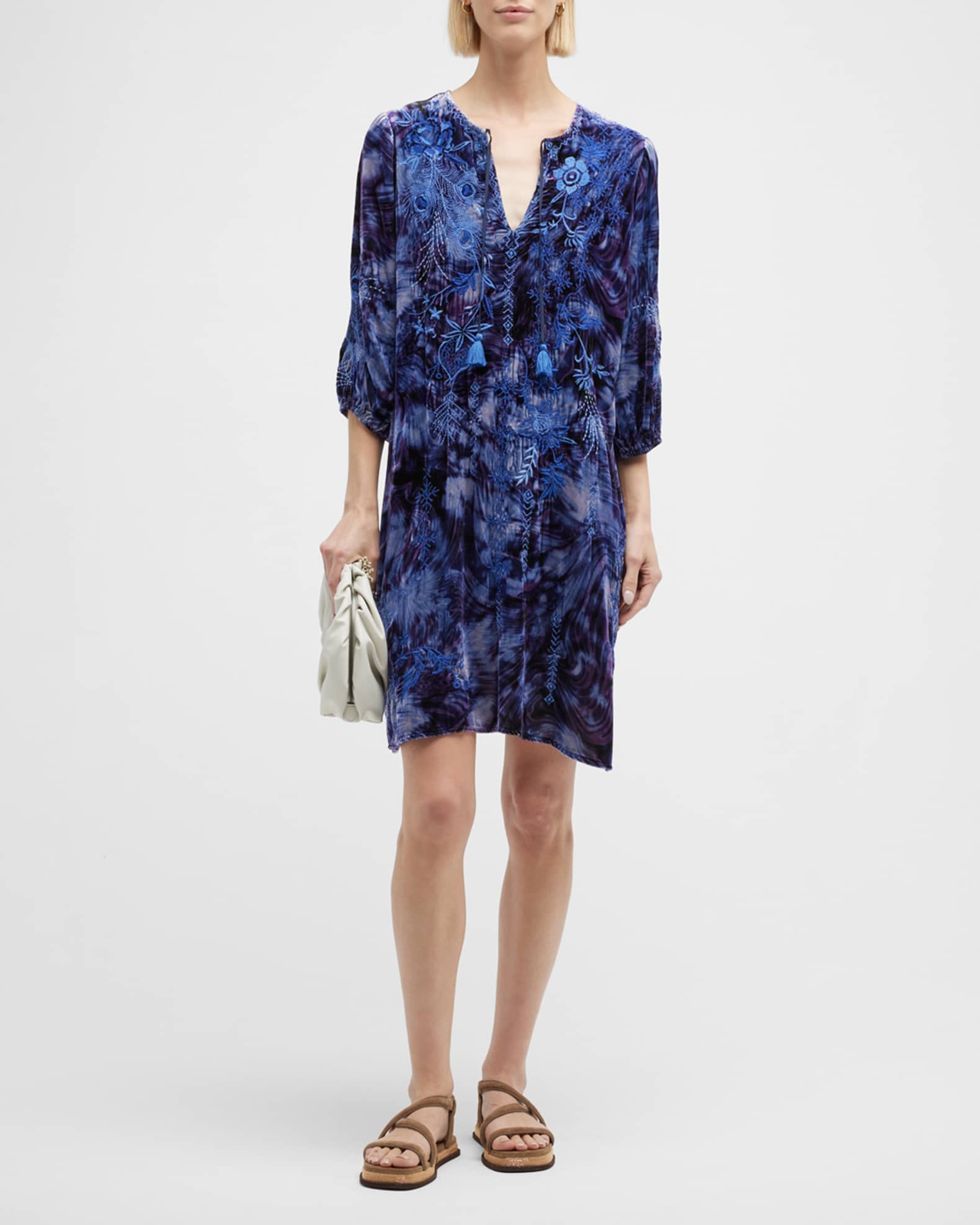 Johnny Was Azure Floral-Embroidered Velvet Shift Dress | Neiman Marcus