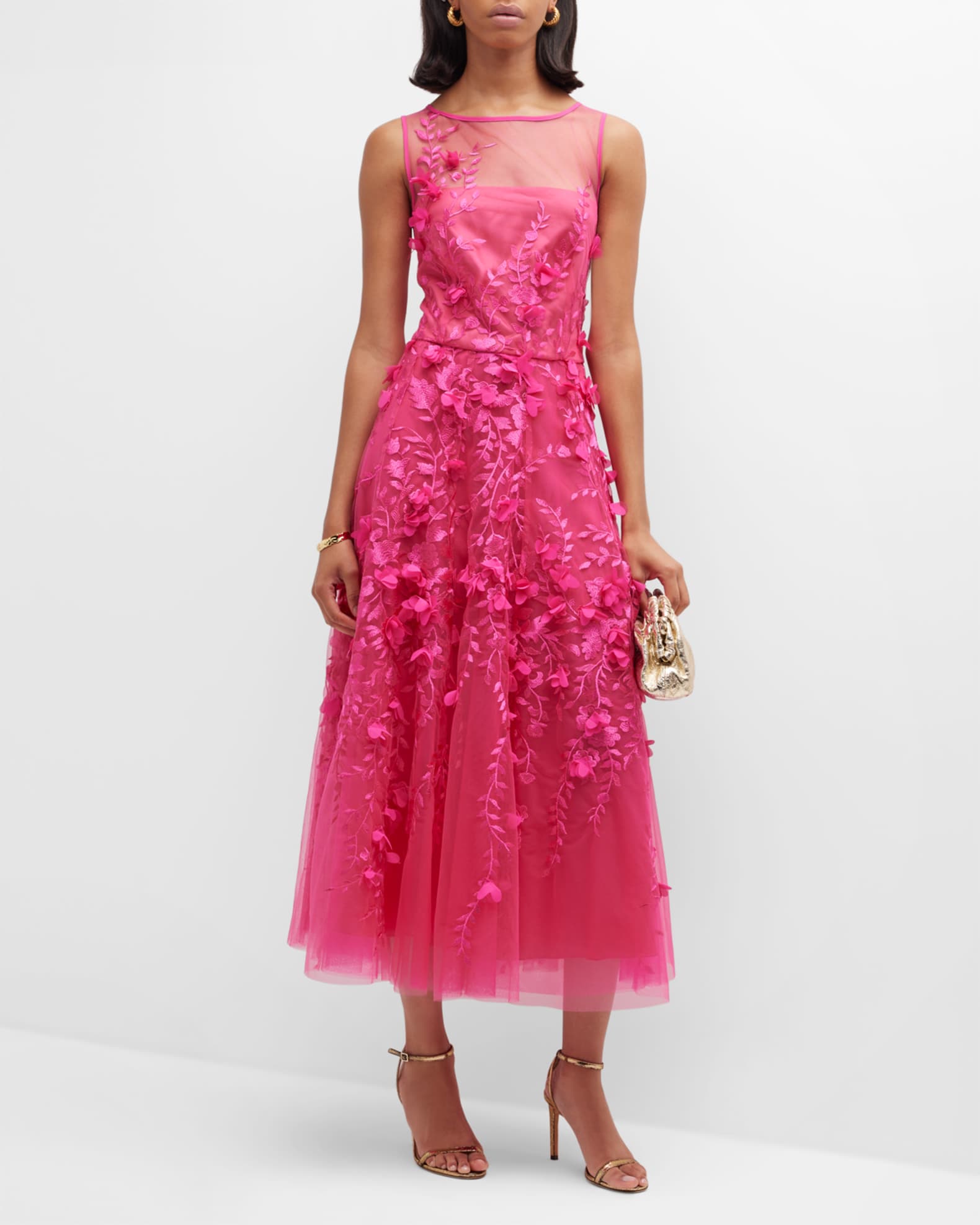 Maison Common Tulle Midi Dress with Floral Applique Details | Neiman Marcus