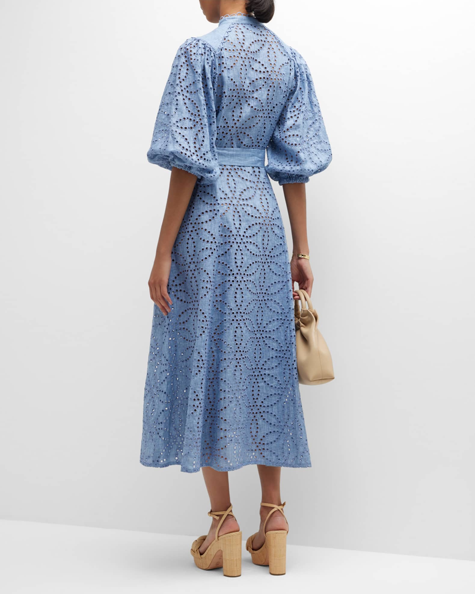 Chambray-trimmed Belted Long Dress - ワンピース