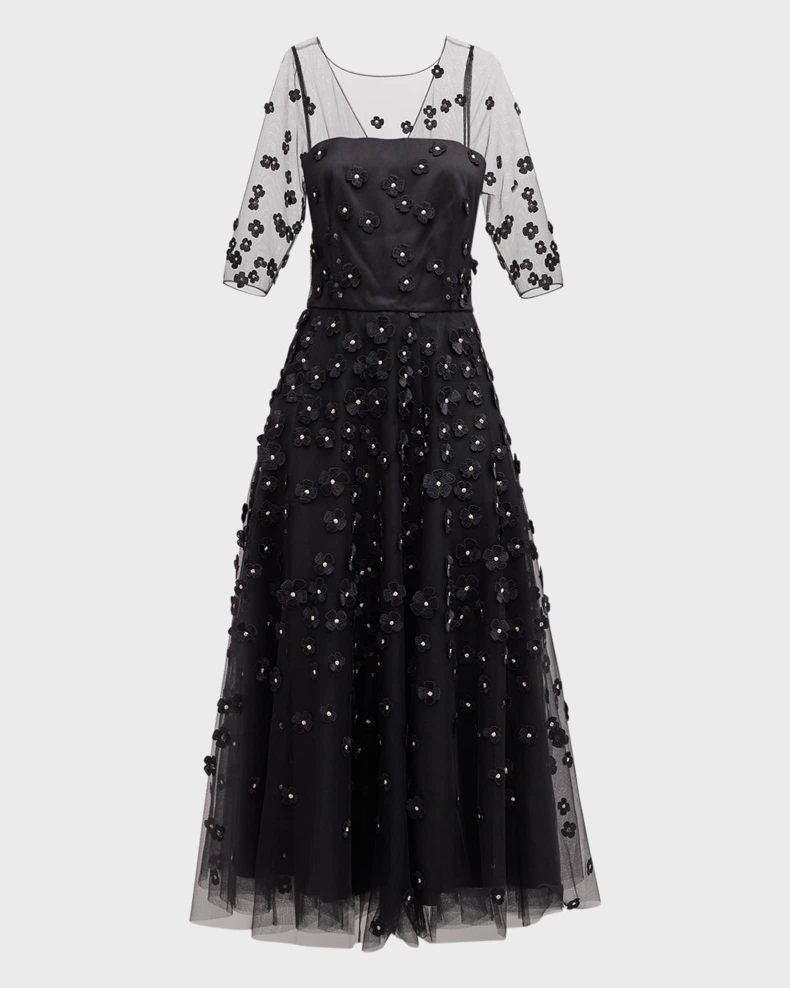 Maison Common Tulle Midi Dress w/ Petal Applique Details | Neiman Marcus