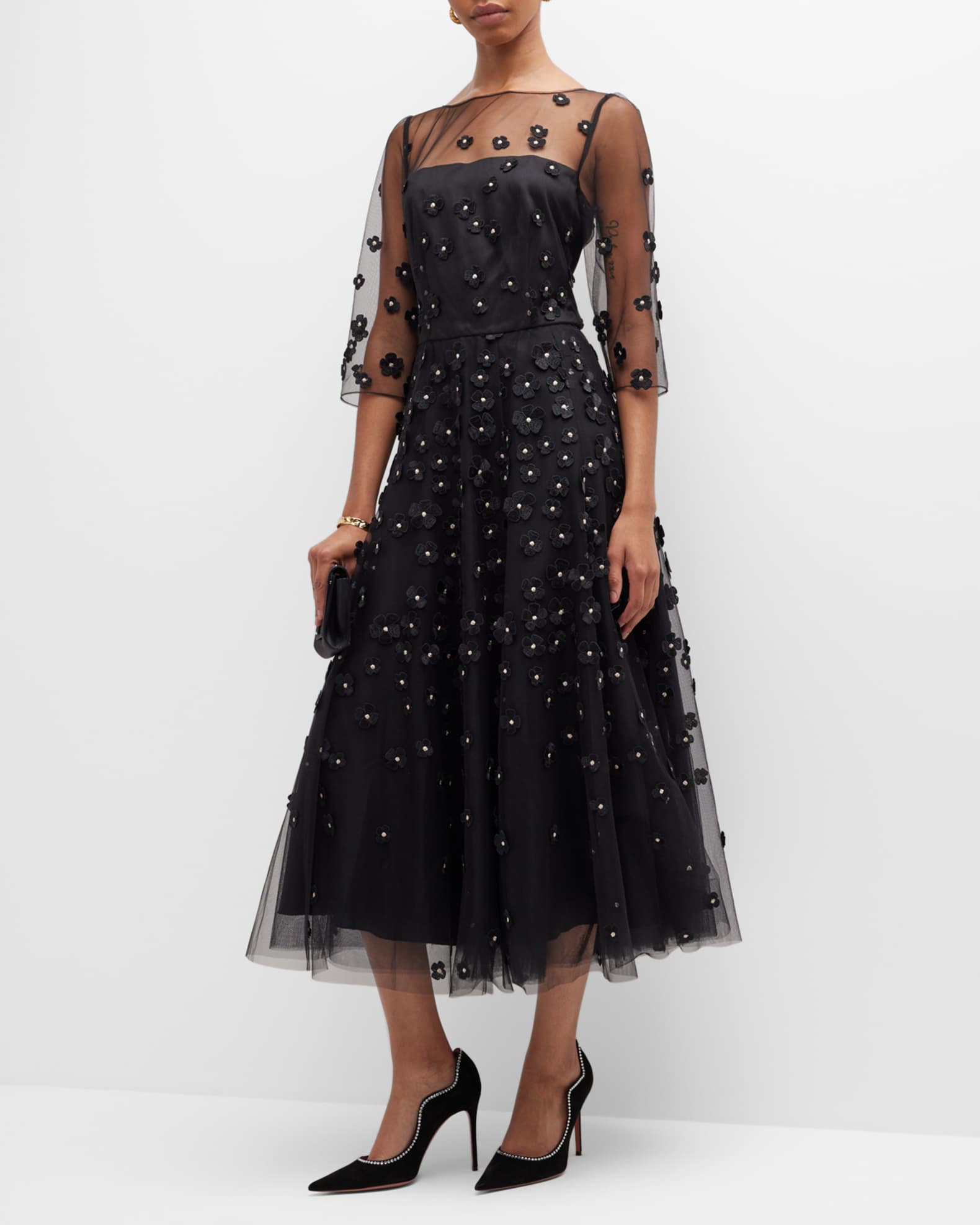 Maison Common Tulle Midi Dress w/ Petal Applique Details | Neiman Marcus
