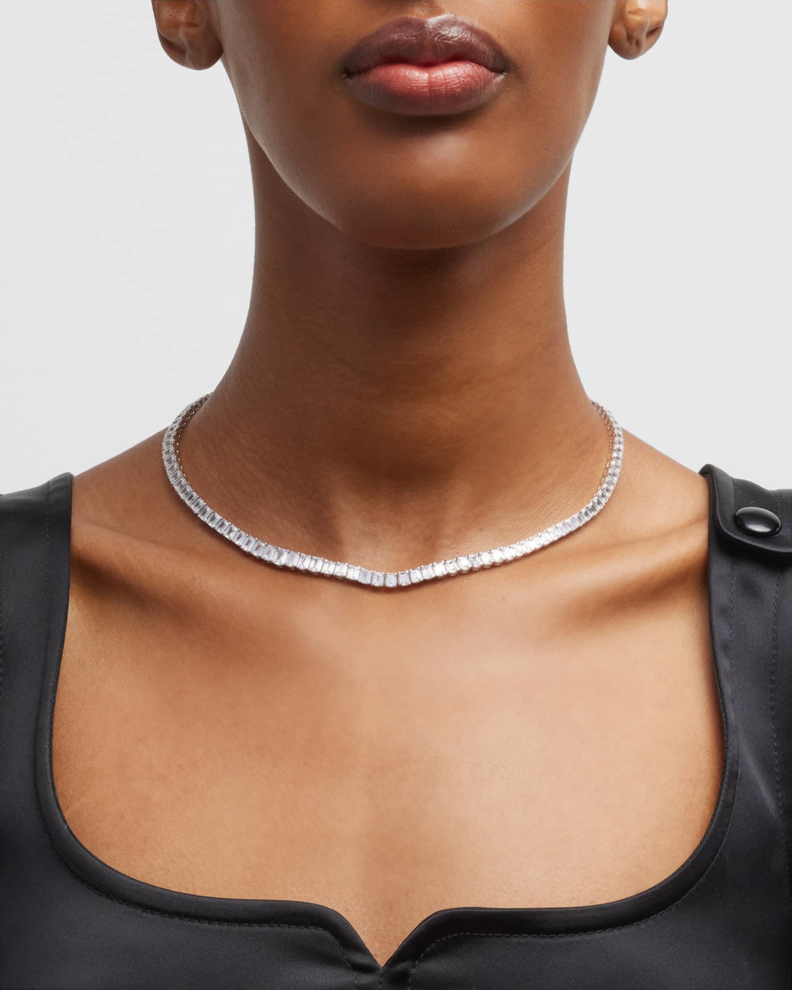 18K White Gold Emerald Cut Diamond Tennis Necklace 18 L 24.0tcw