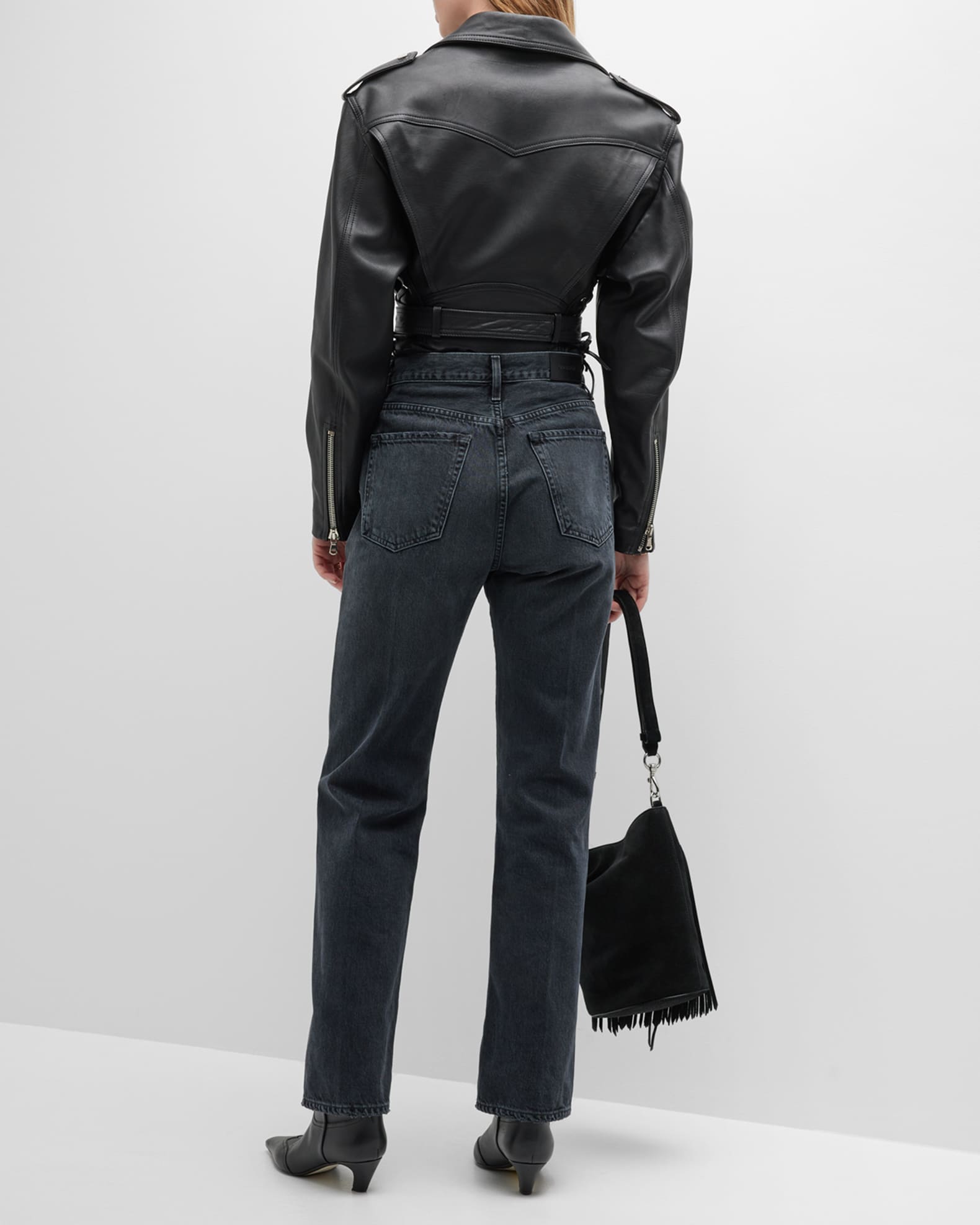 Contrast Pu Leather Cropped Moto Jacket - Mauv Studio
