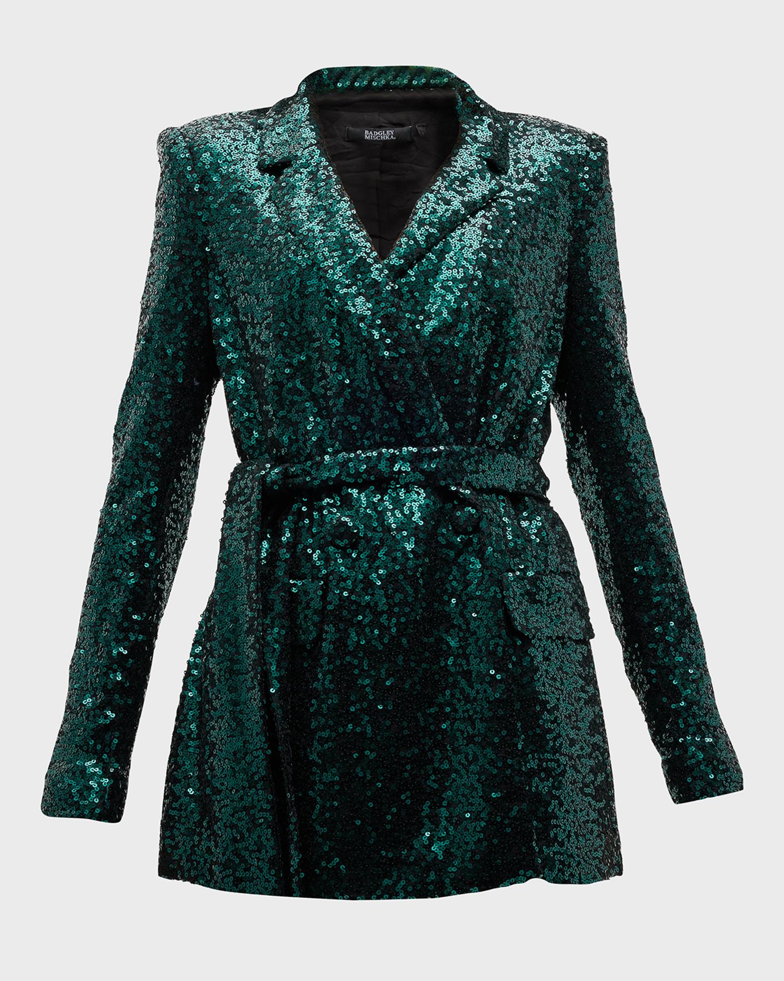 badgley mischka emerald sequin dress Badgley Mischka Belle Isla Sequin Mock Neck Front Slit Emerald Silhouette  Size 0
