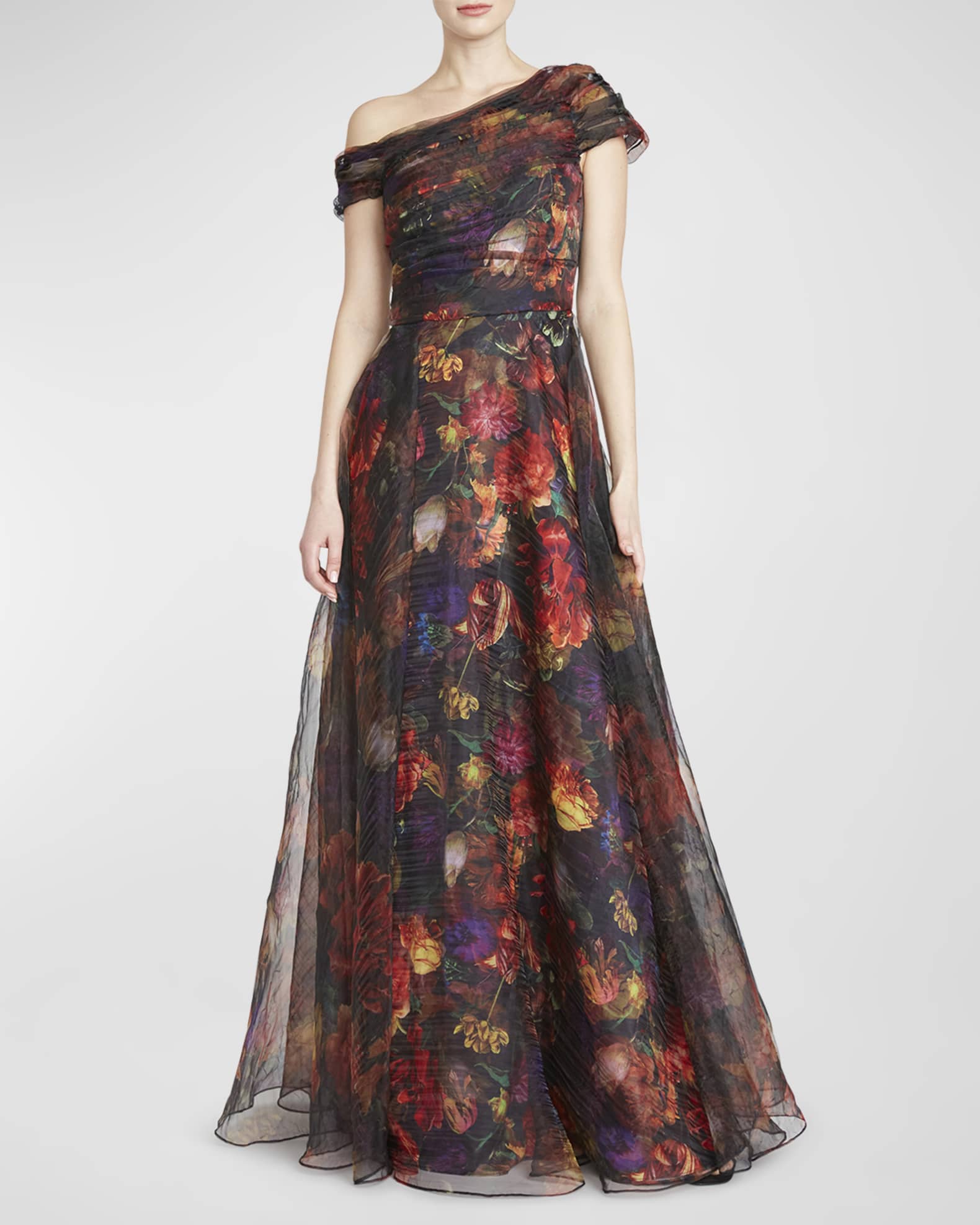 Theia Jada One-Shoulder Floral-Print Organza Gown | Neiman Marcus