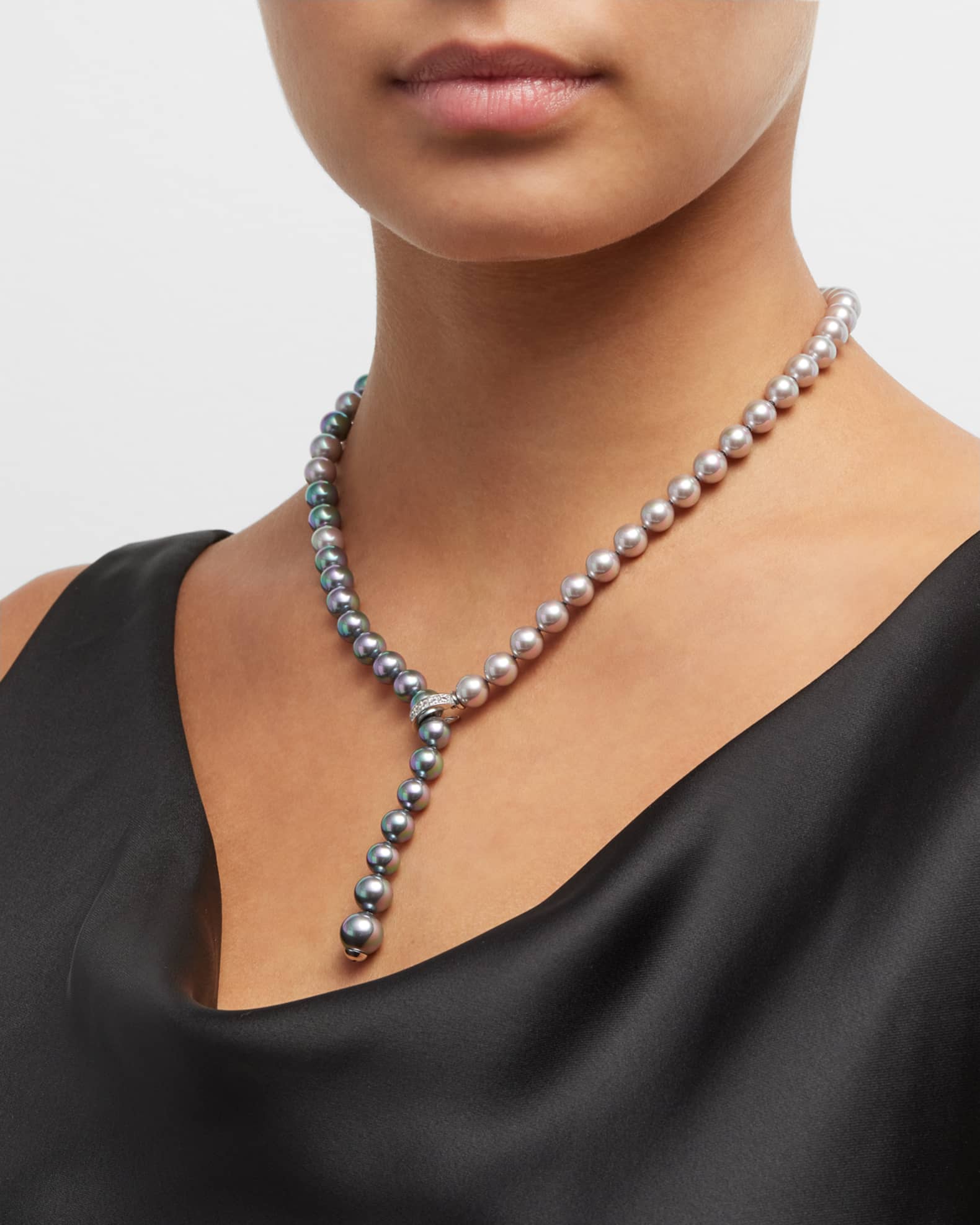 Majorica Diana Two Tone Pearl Y Necklace with Cubic Zirconia Clasp Neiman Marcus