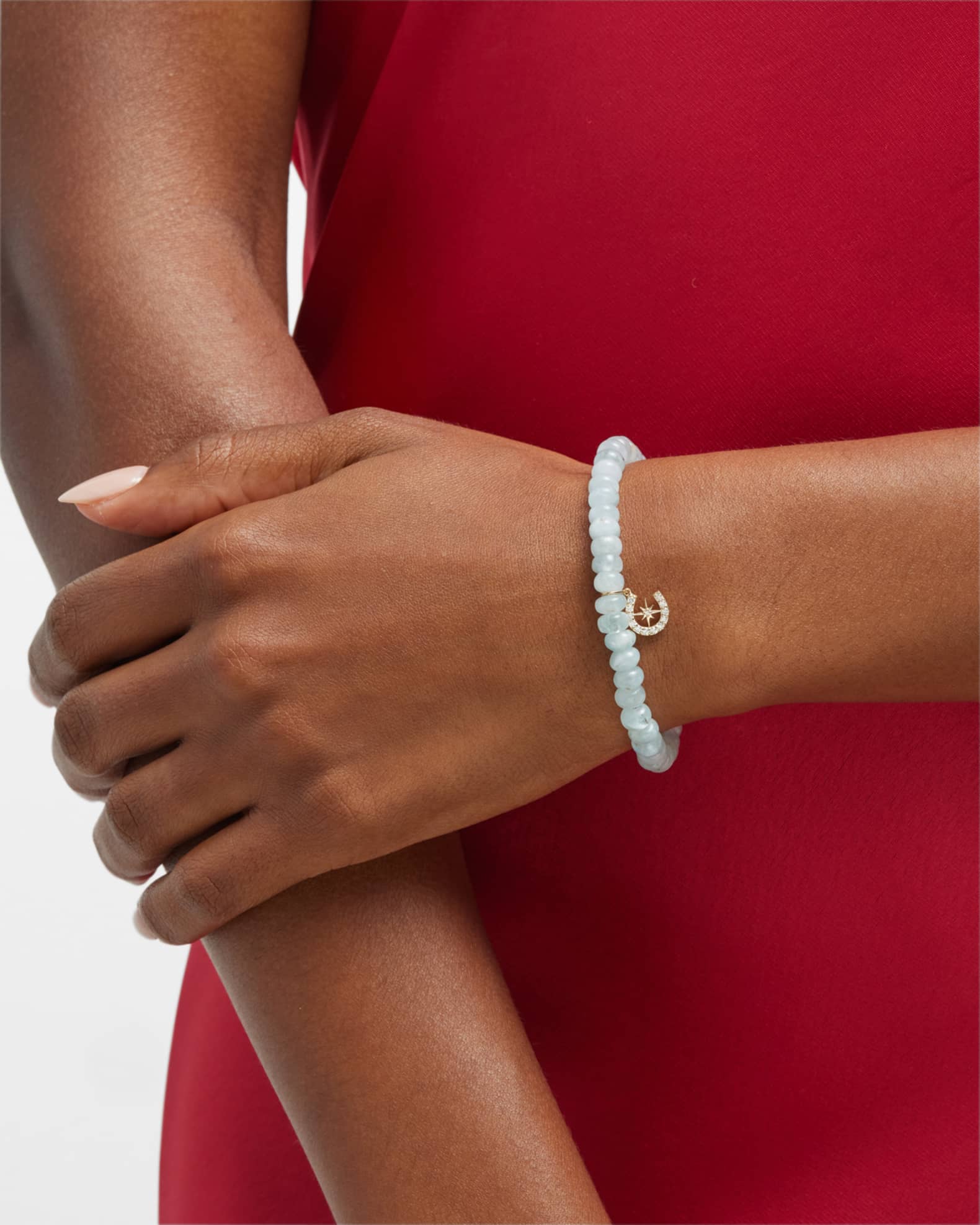 Diamond Starburst Horseshoe Charm on Aquamarine Bracelet 1