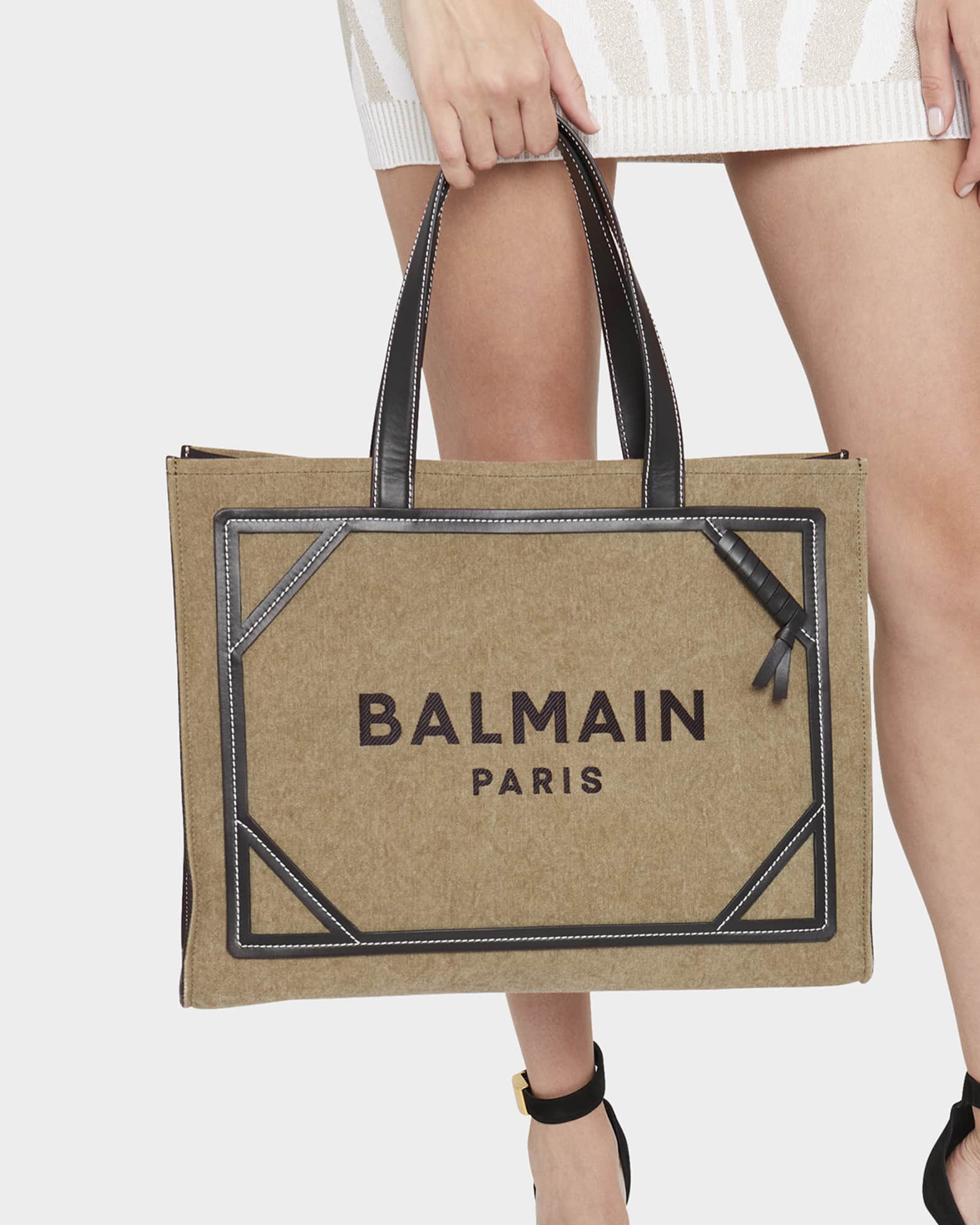 B Army Medium Shopper Tote Bag in Canvas with Leather Handles 1