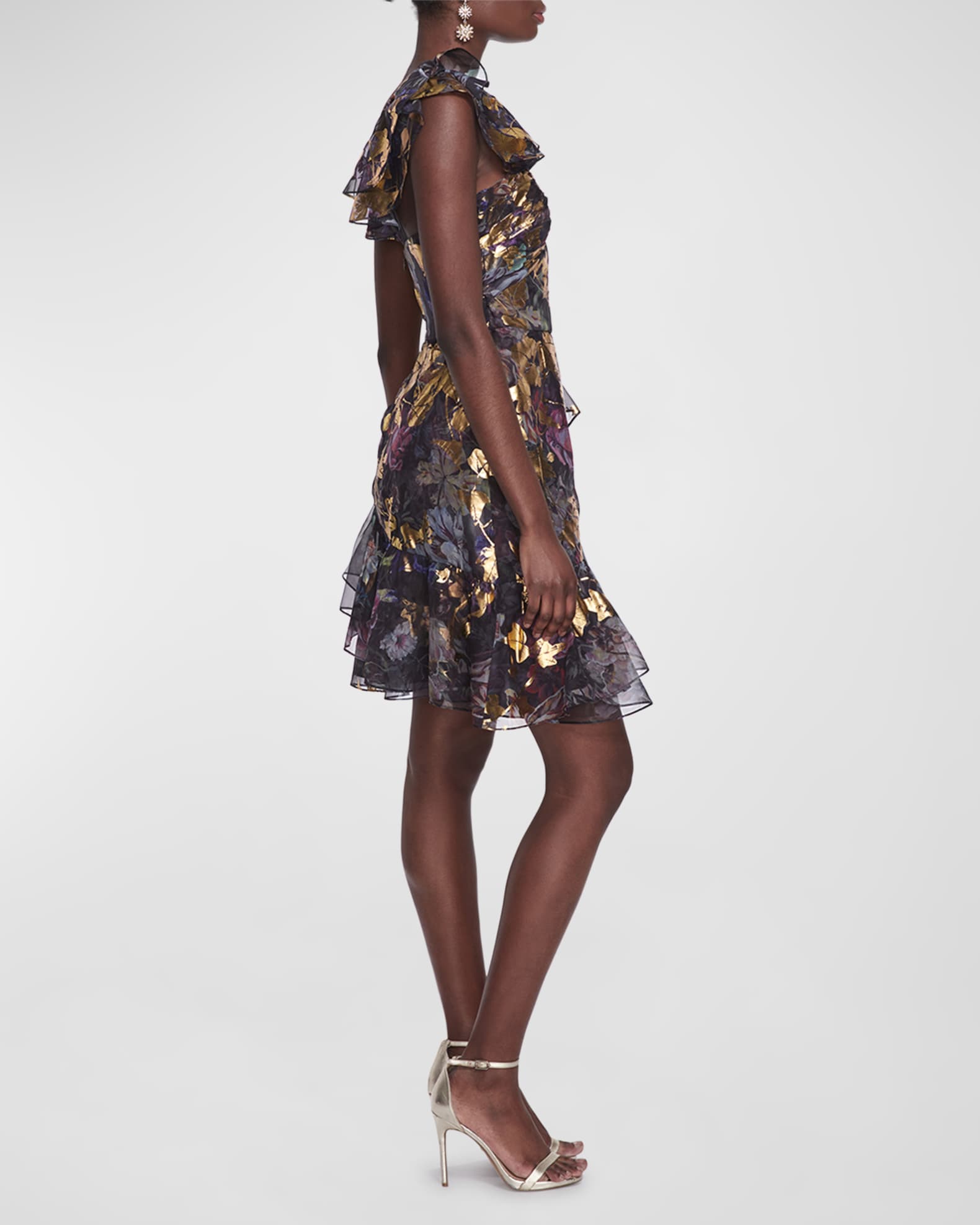 Marchesa Notte One-Shoulder Foiled Ruffle Mini Dress | Neiman Marcus