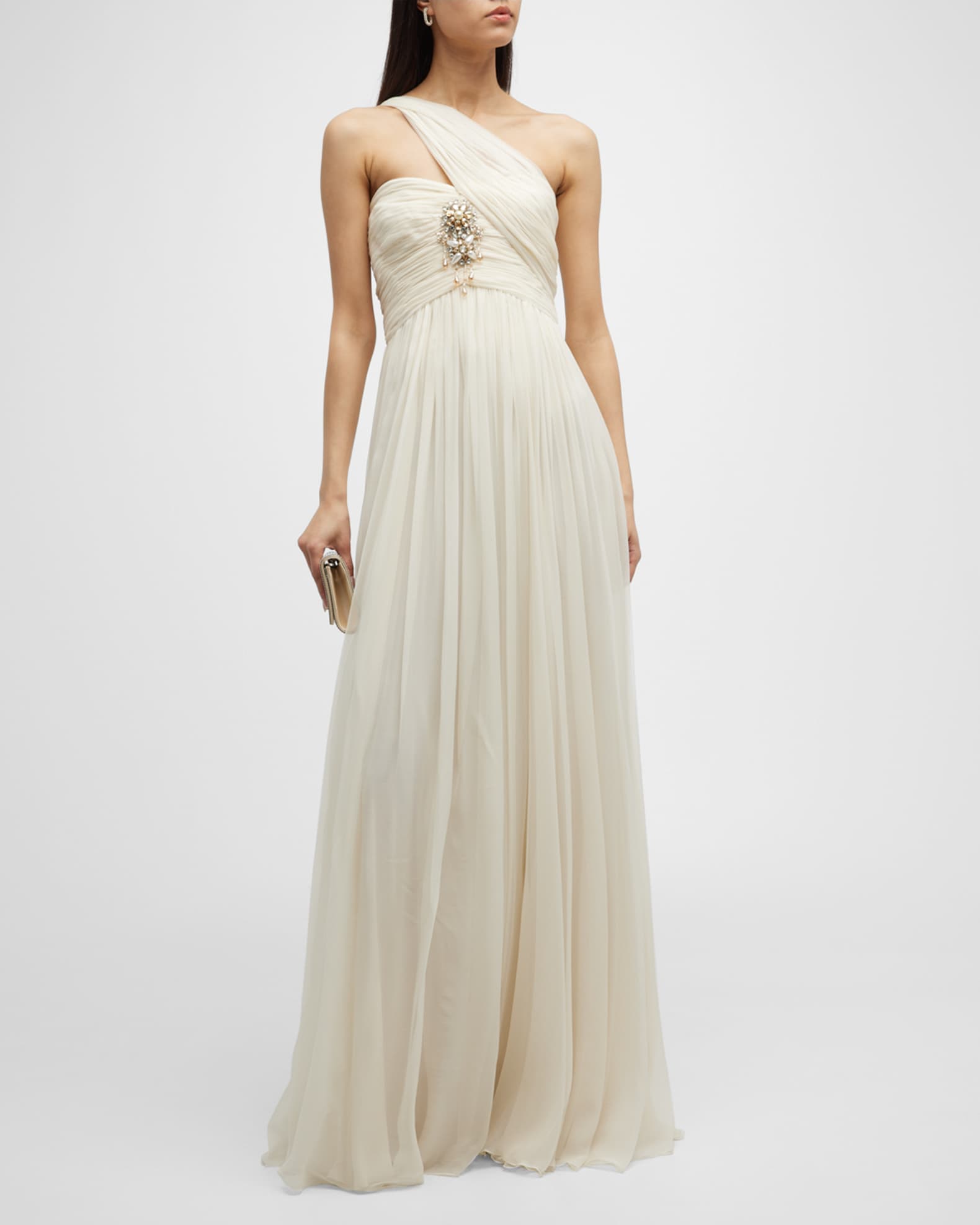 One-Shoulder Beaded Chiffon Long Sleeve Gown Plum main image 1