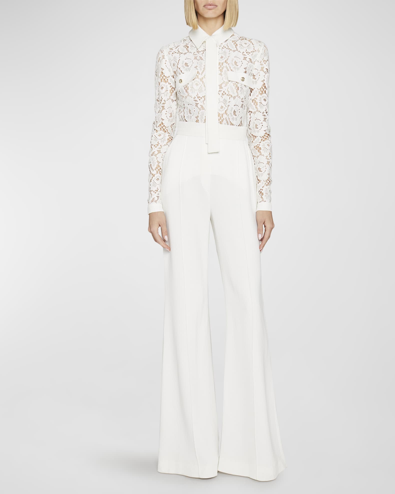 Elie Saab Collared NeckTie FlareLeg Lace Jumpsuit Neiman Marcus
