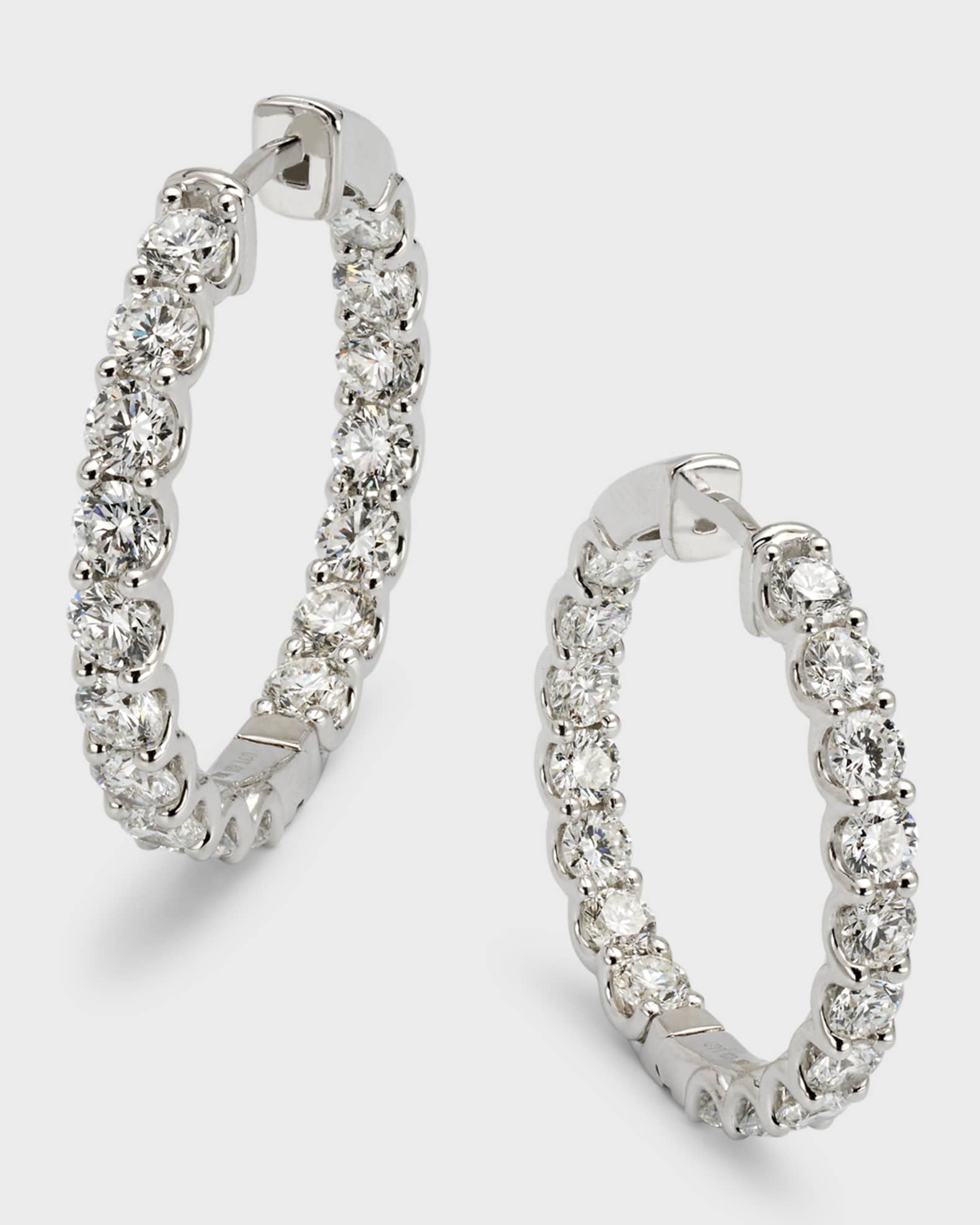 18K White Gold Round Diamond Hoop Earrings, 1"L 0