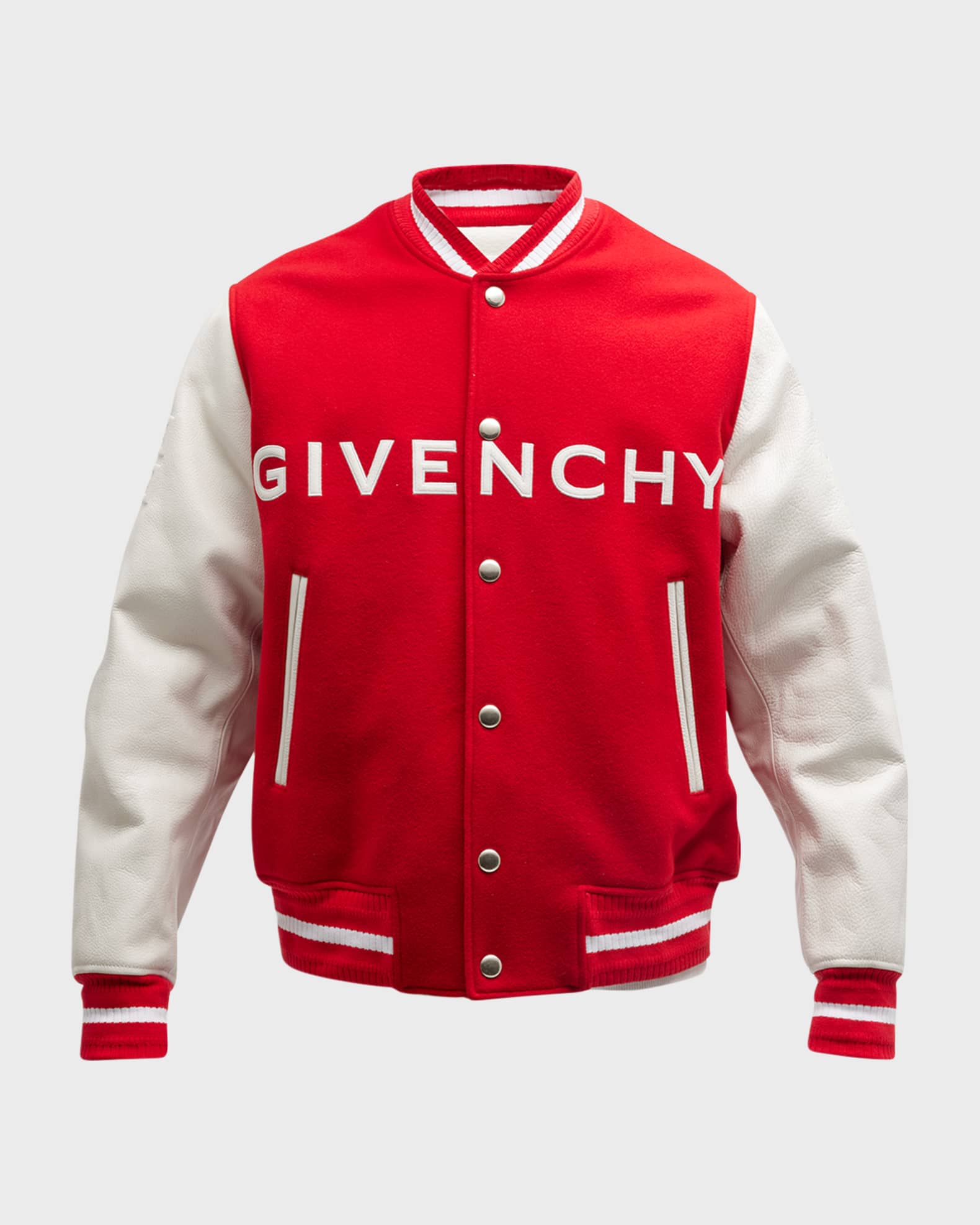 Givenchy Embroidered Logo Mixed Media Leather & Wool Blend Varsity Jacket  in Blue for Men