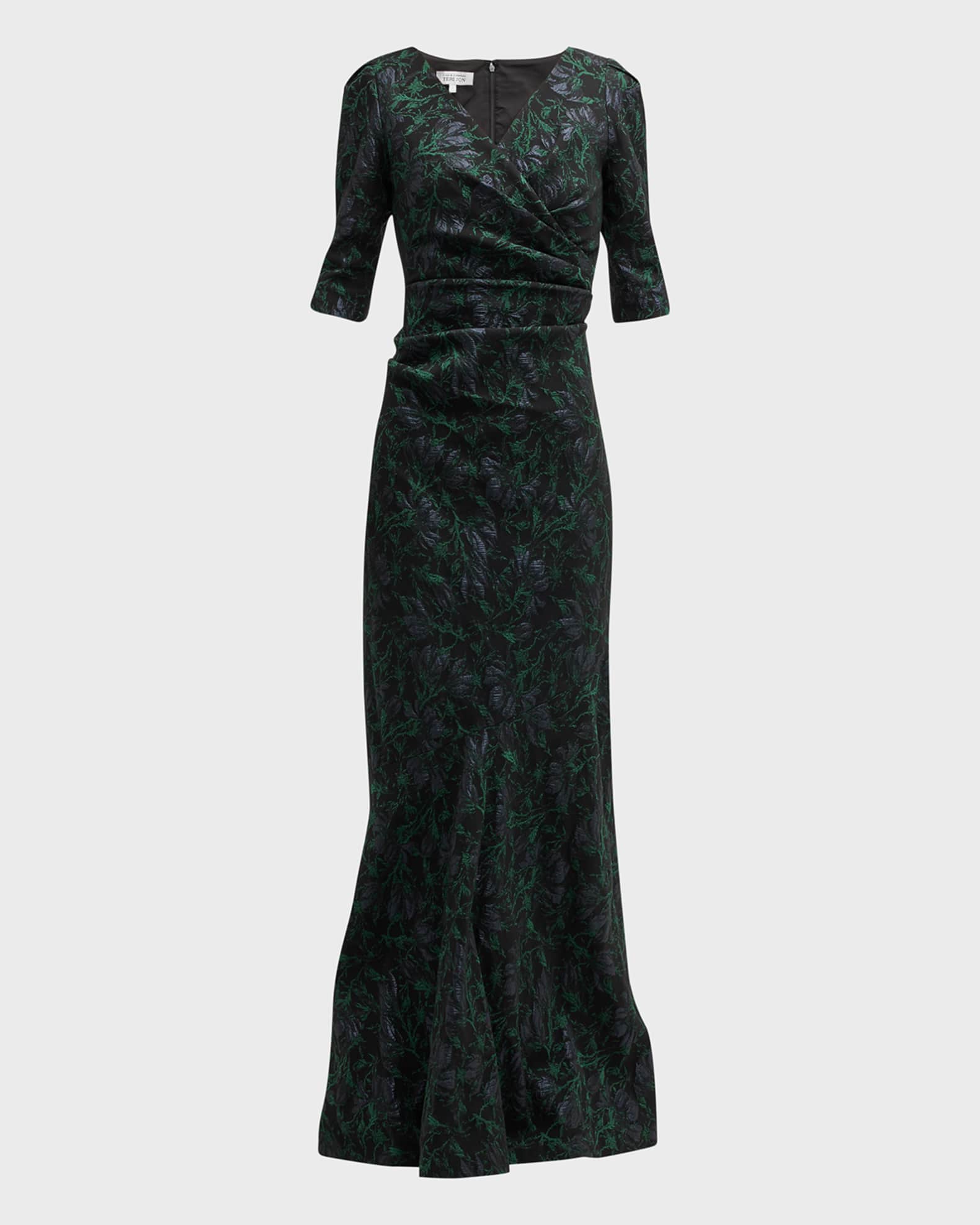 Rickie Freeman for Teri Jon Ruched ElbowSleeve Jacquard Gown Neiman