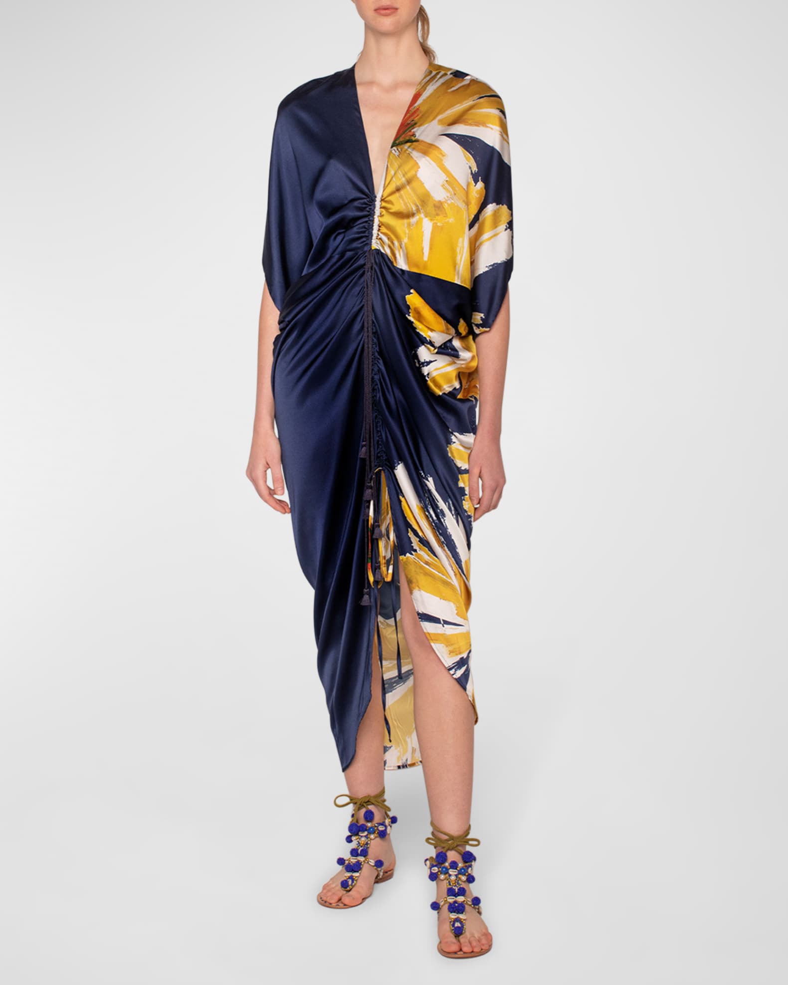 Silvia Tcherassi Cloister Floral-Print Ruched Midi Silk Dress | Neiman ...
