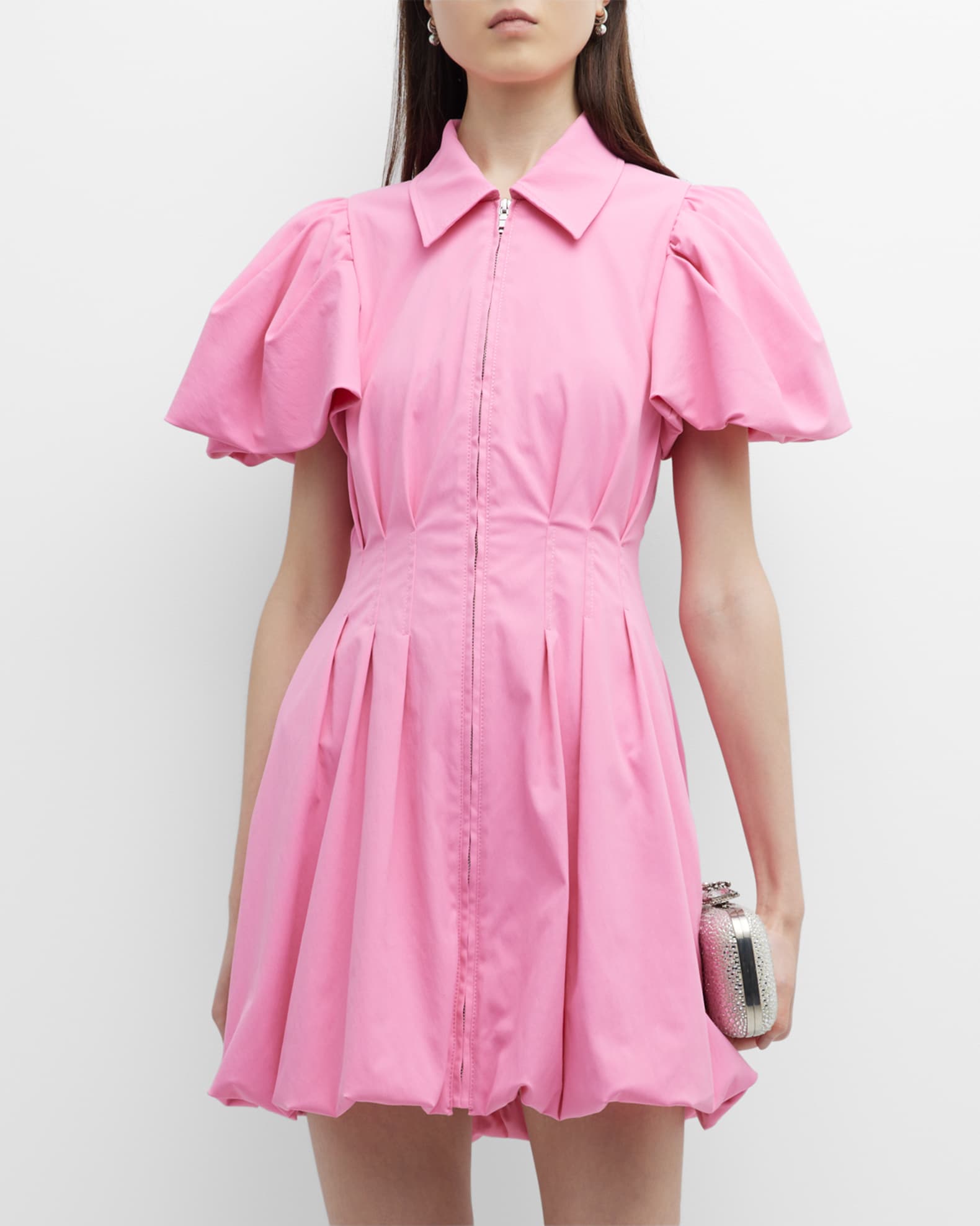 SIMKHAI Callista Zip-Front Tech Puff-Sleeve Mini Dress | Neiman Marcus