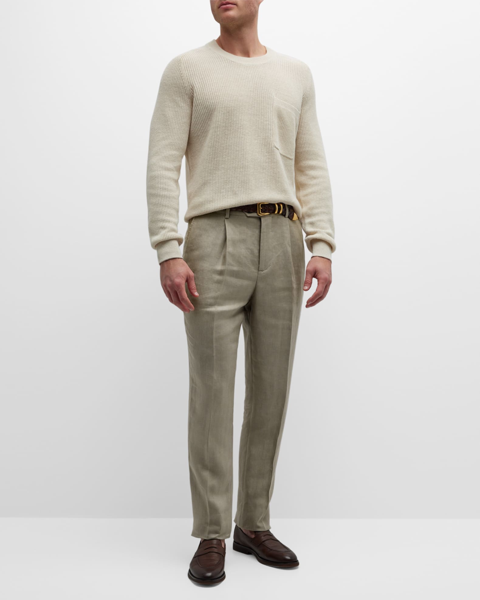 Brunello Cucinelli Men's Sage Chevron Linen Pants | Neiman