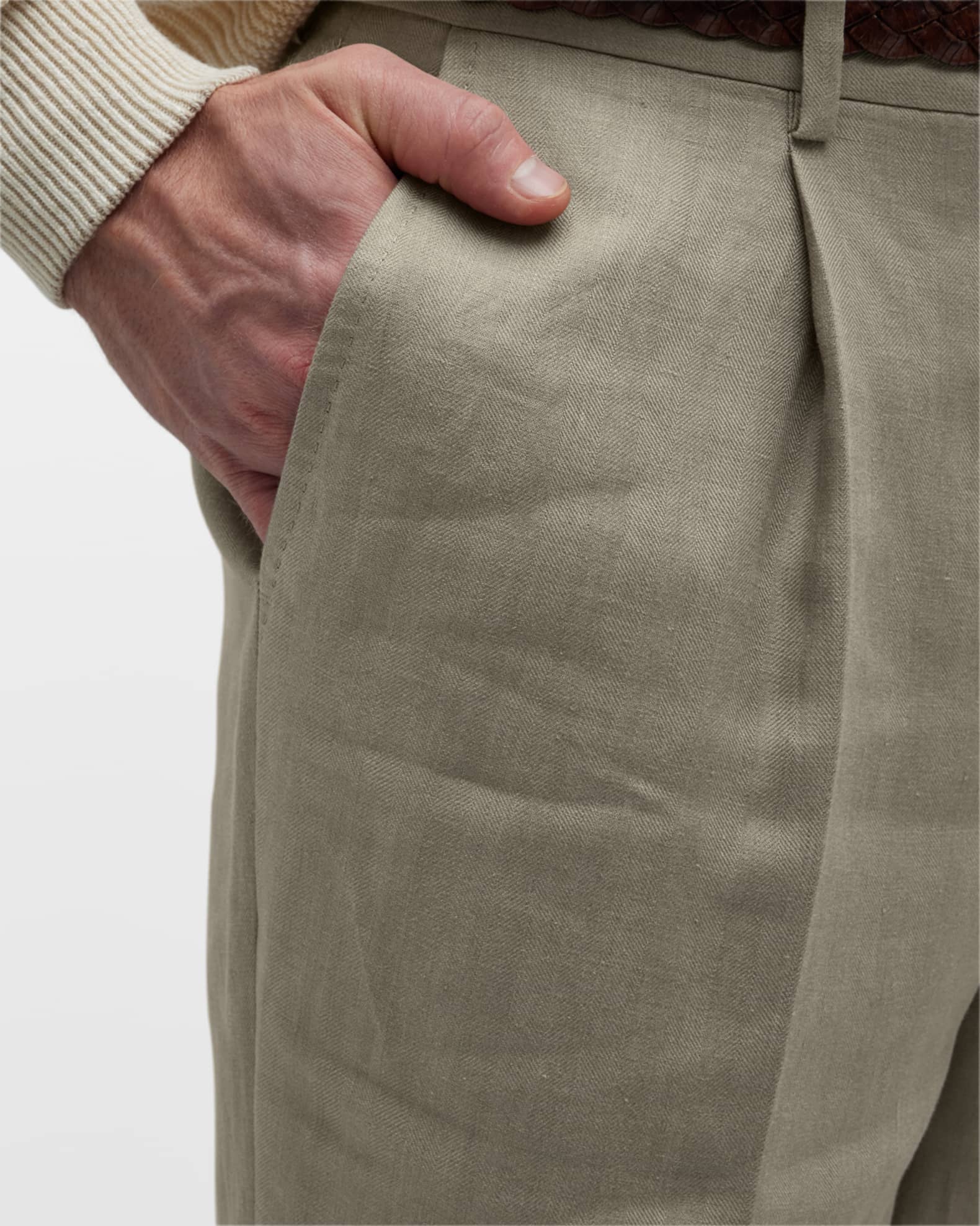 Brunello Cucinelli Men's Sage Chevron Linen Pants | Neiman