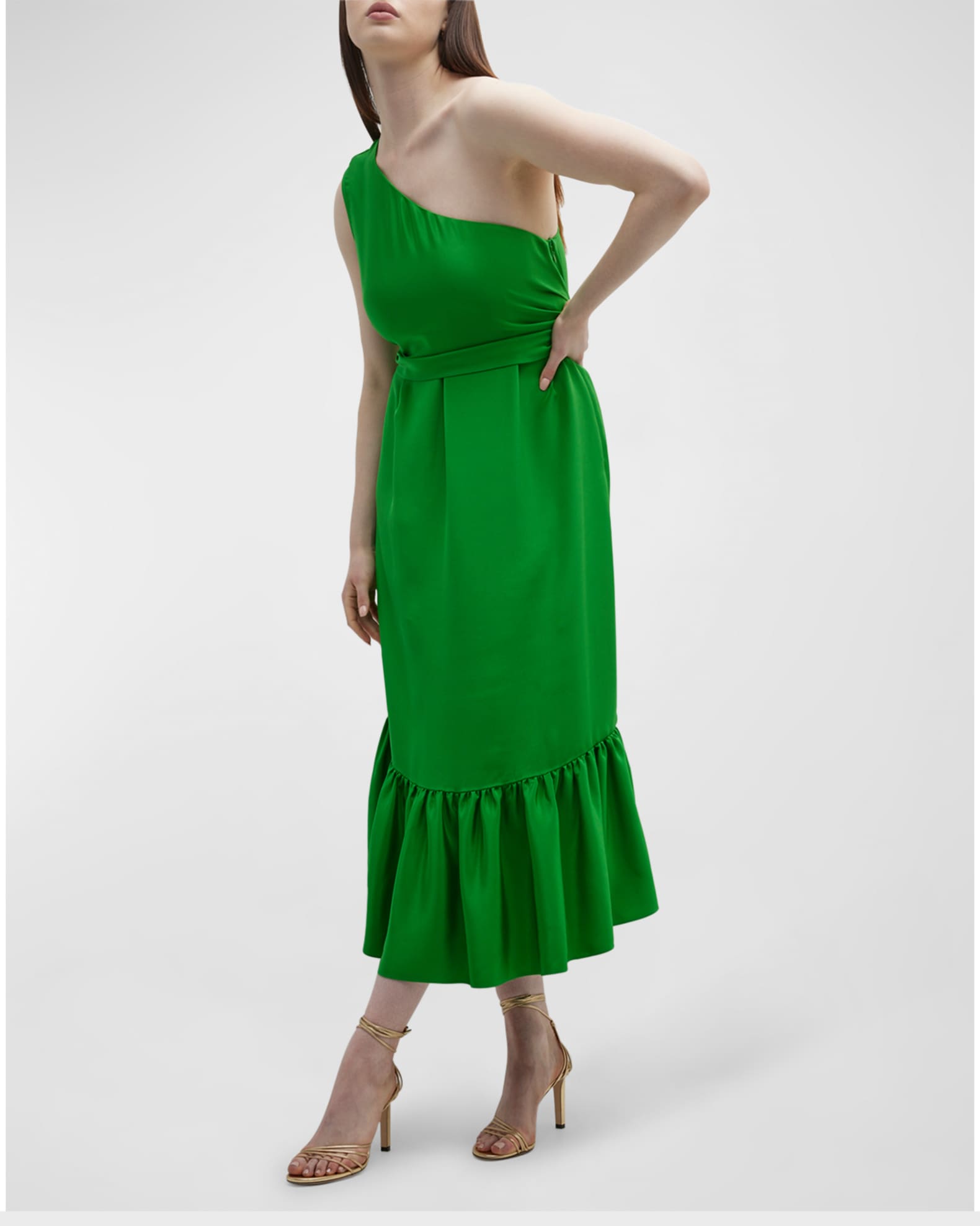 Gabriella Rossetti Fiorella One-Shoulder Ruffle Midi Dress | Neiman Marcus