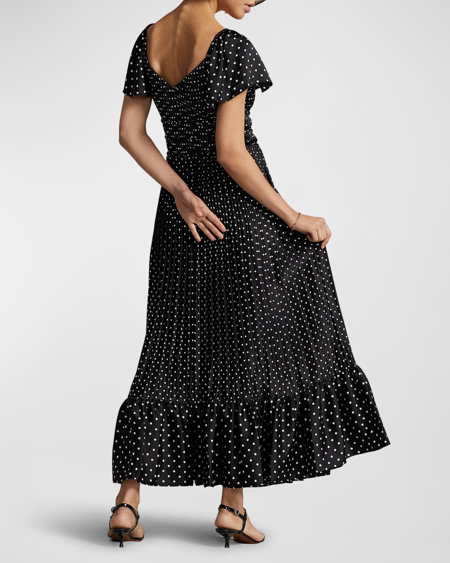 Polo Ralph Lauren Polka-Dot Flutter-Sleeve Satin Maxi Dress | Neiman Marcus