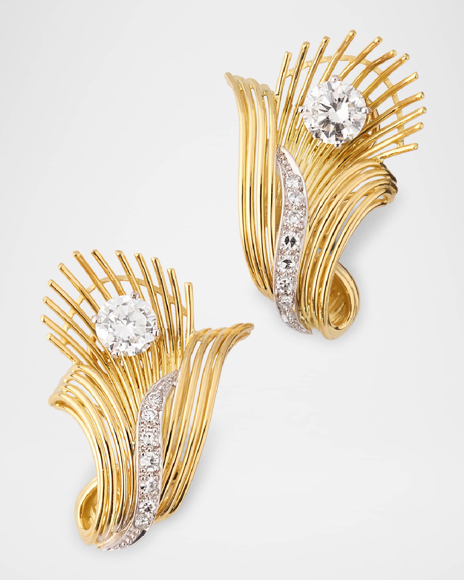 Estate 18K Gold and Platinum 16 Diamond Floral Spray Earrings 0