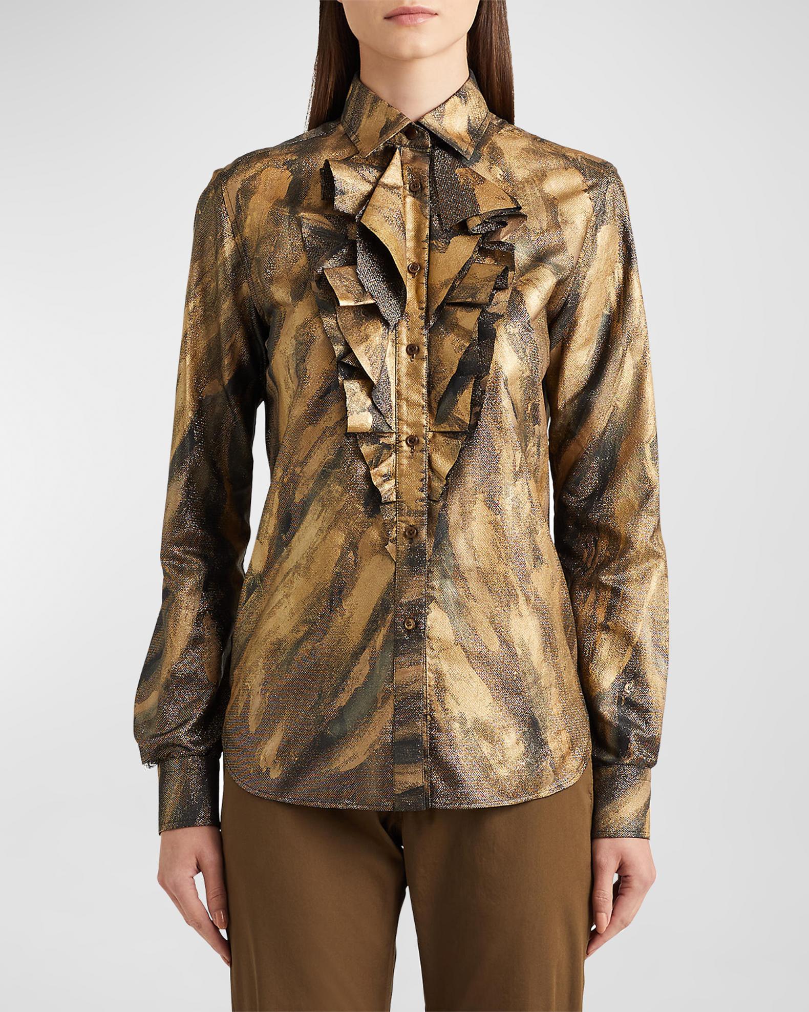 Ralph Lauren Collection Keara Ruffle Bib-Front Metallic Lame Shirt ...
