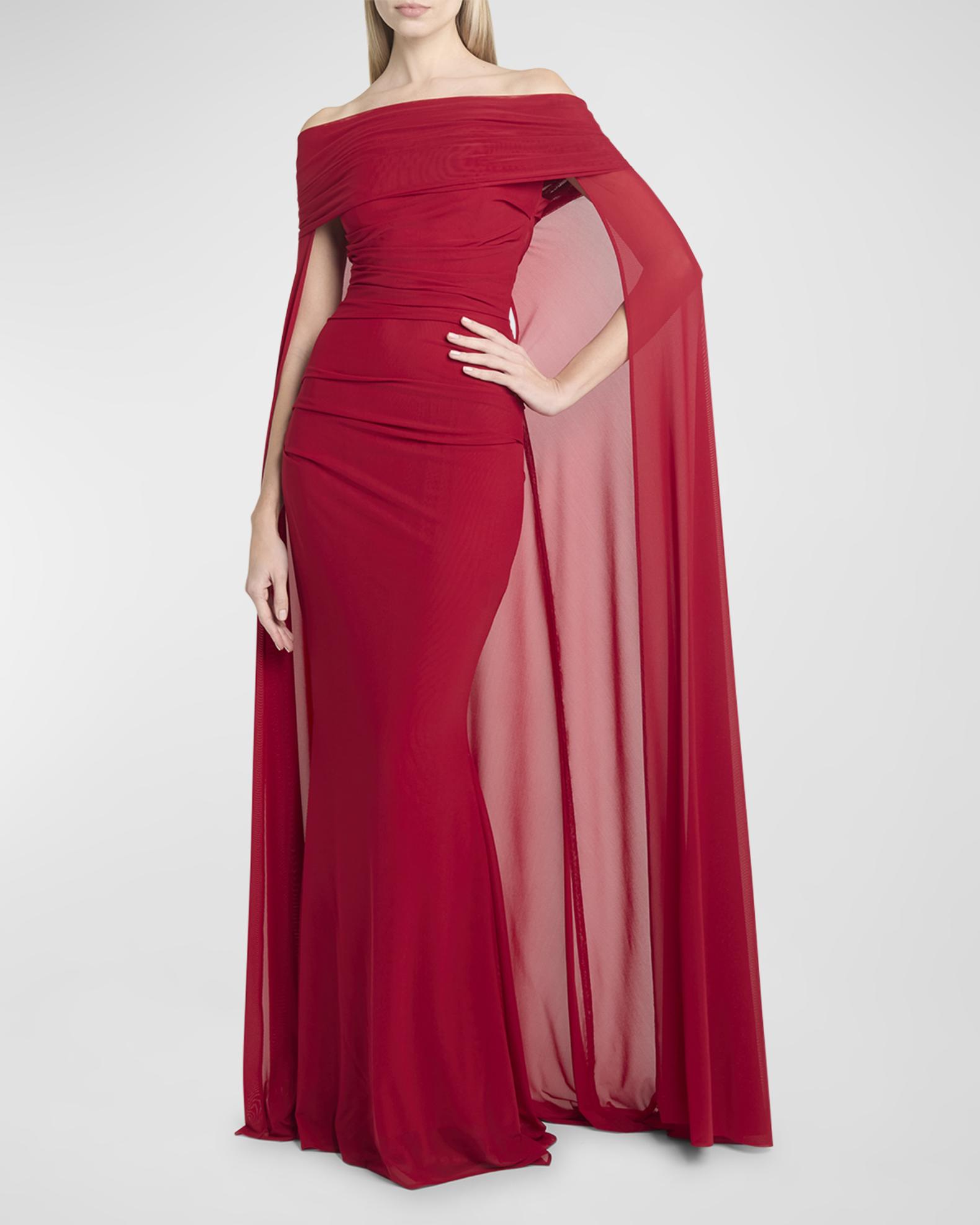 Talbot Runhof Metallic Ruched Off-The-Shoulder Tulle Cape Gown | Neiman ...