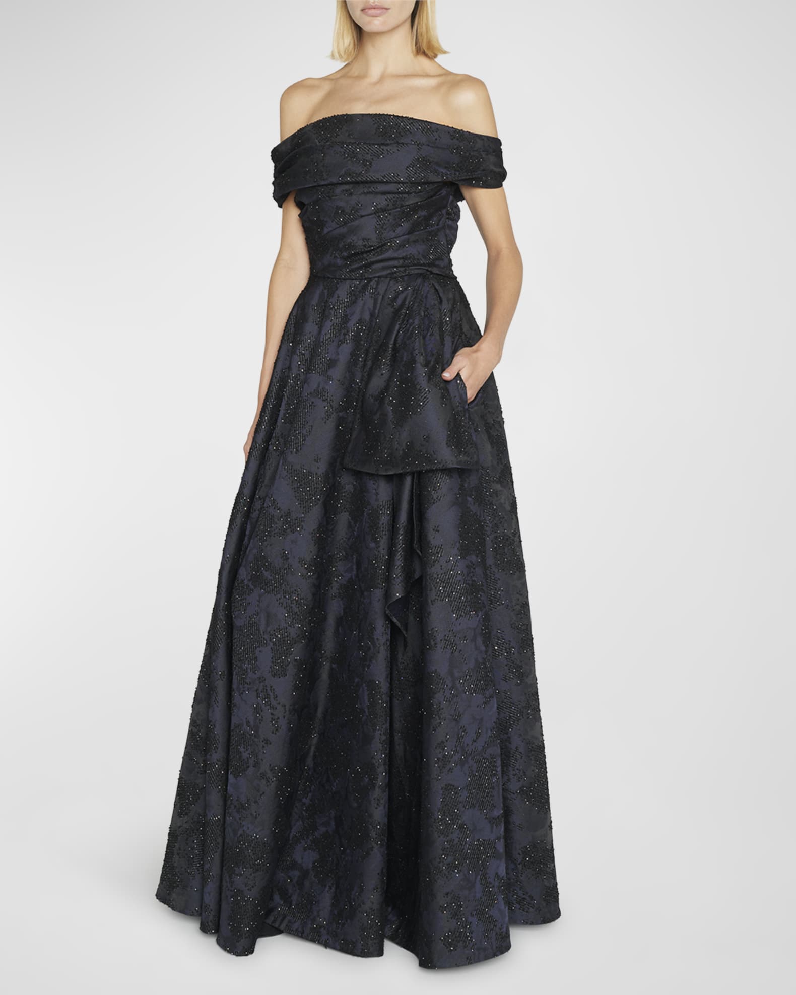 Talbot Runhof Sequin Cloud Jacquard Off-The-Shoulder Gown | Neiman Marcus