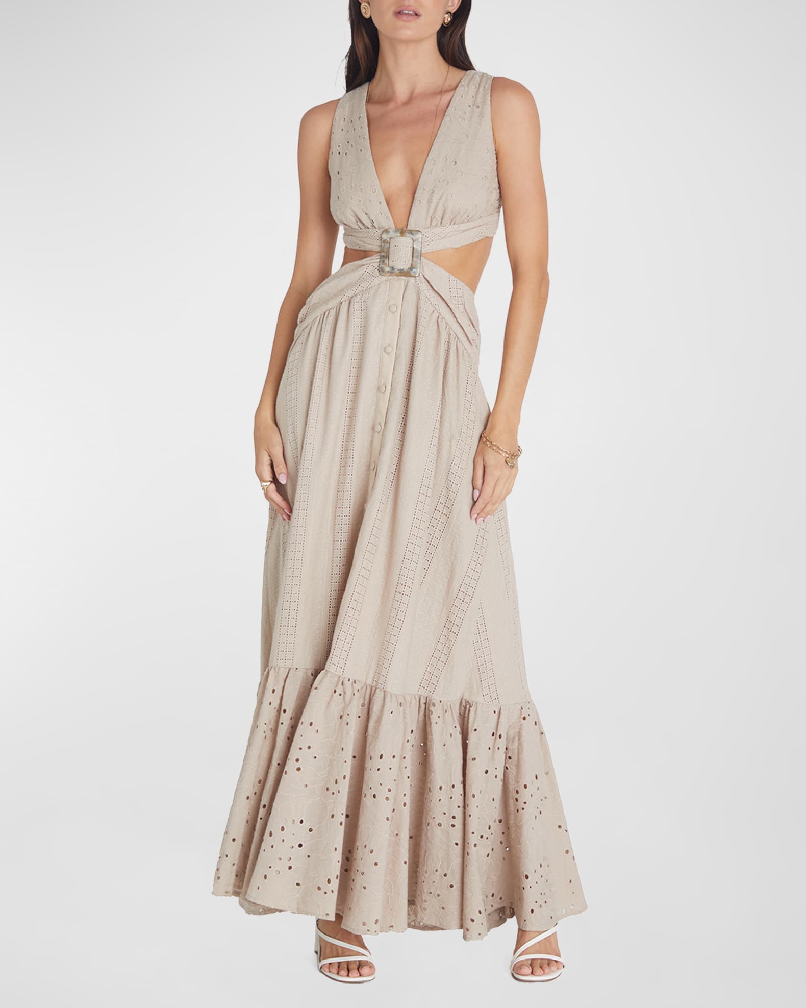 Patbo fringe and online mesh cutout maxi
