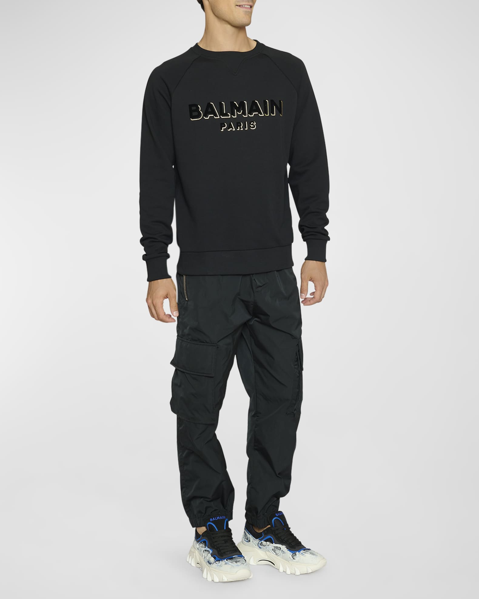 Mens Balmain Sweat Shirts  Mixed Fleece And Monogram Nylon Sweatshirt  Black • Gollu Binicilik