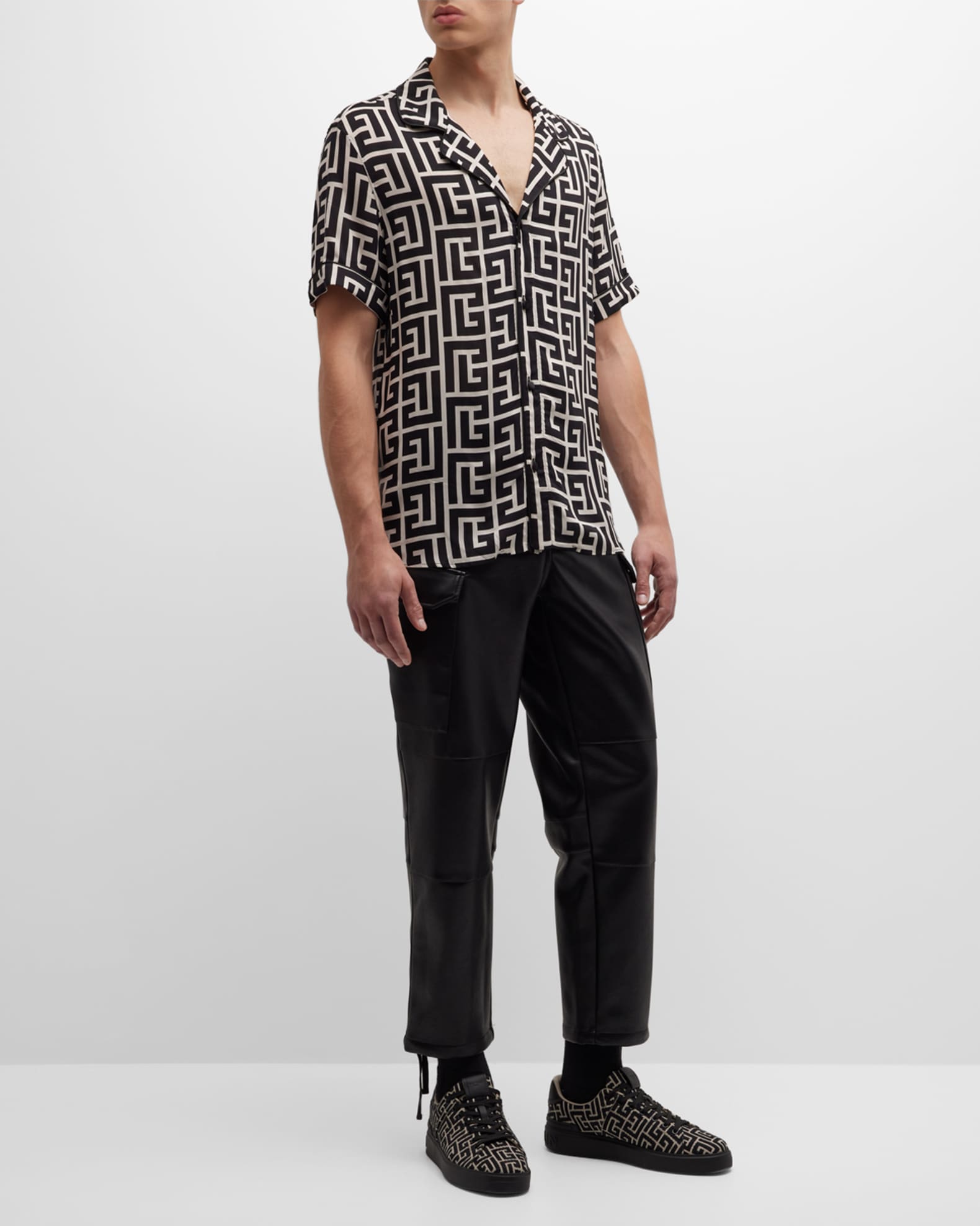 Balmain Men's Macro Monogram Pajama Shirt | Neiman Marcus