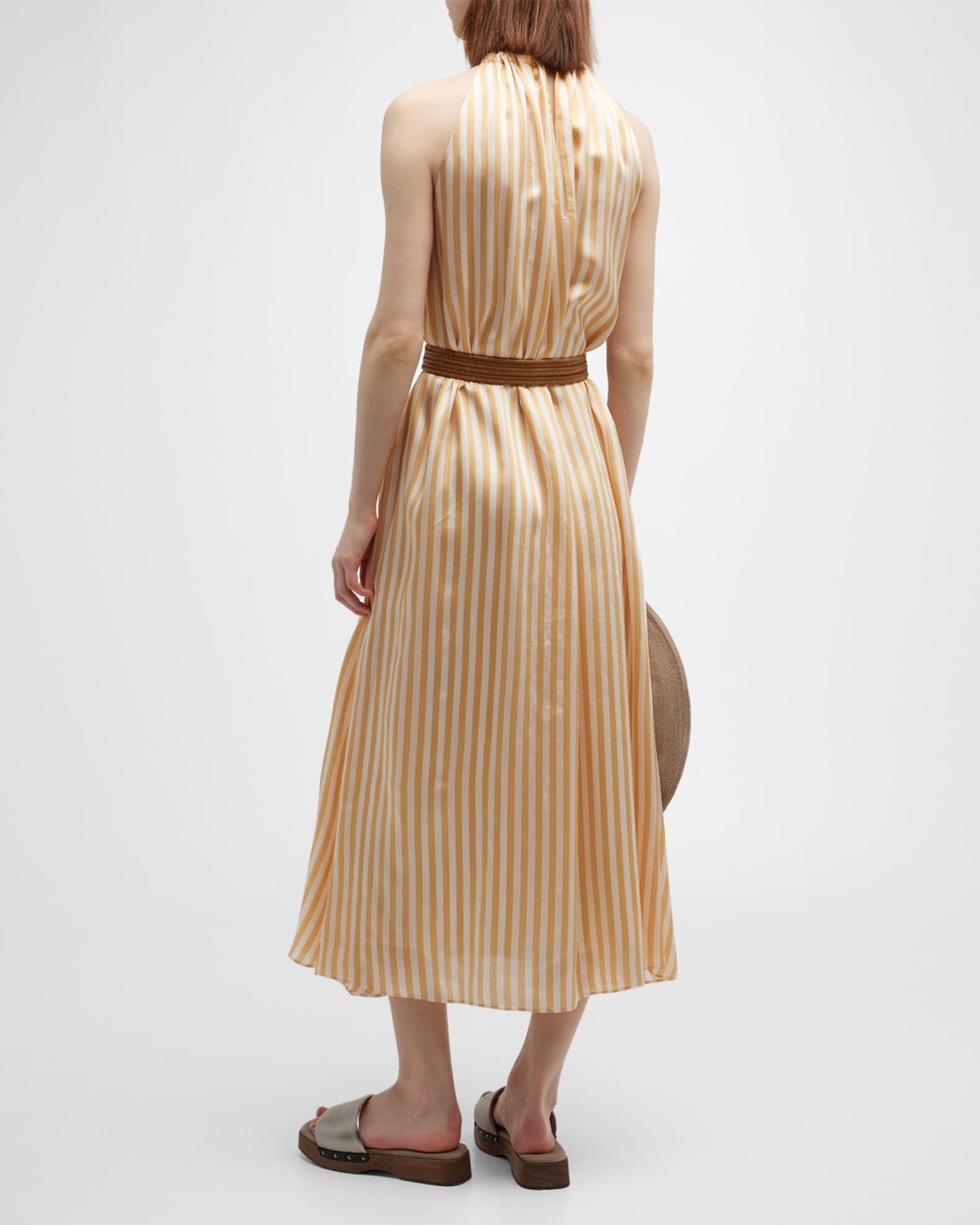 Brunello Cucinelli Fluid Striped Twill Dress with Monili Collar and Rafia  Belt - Bergdorf Goodman